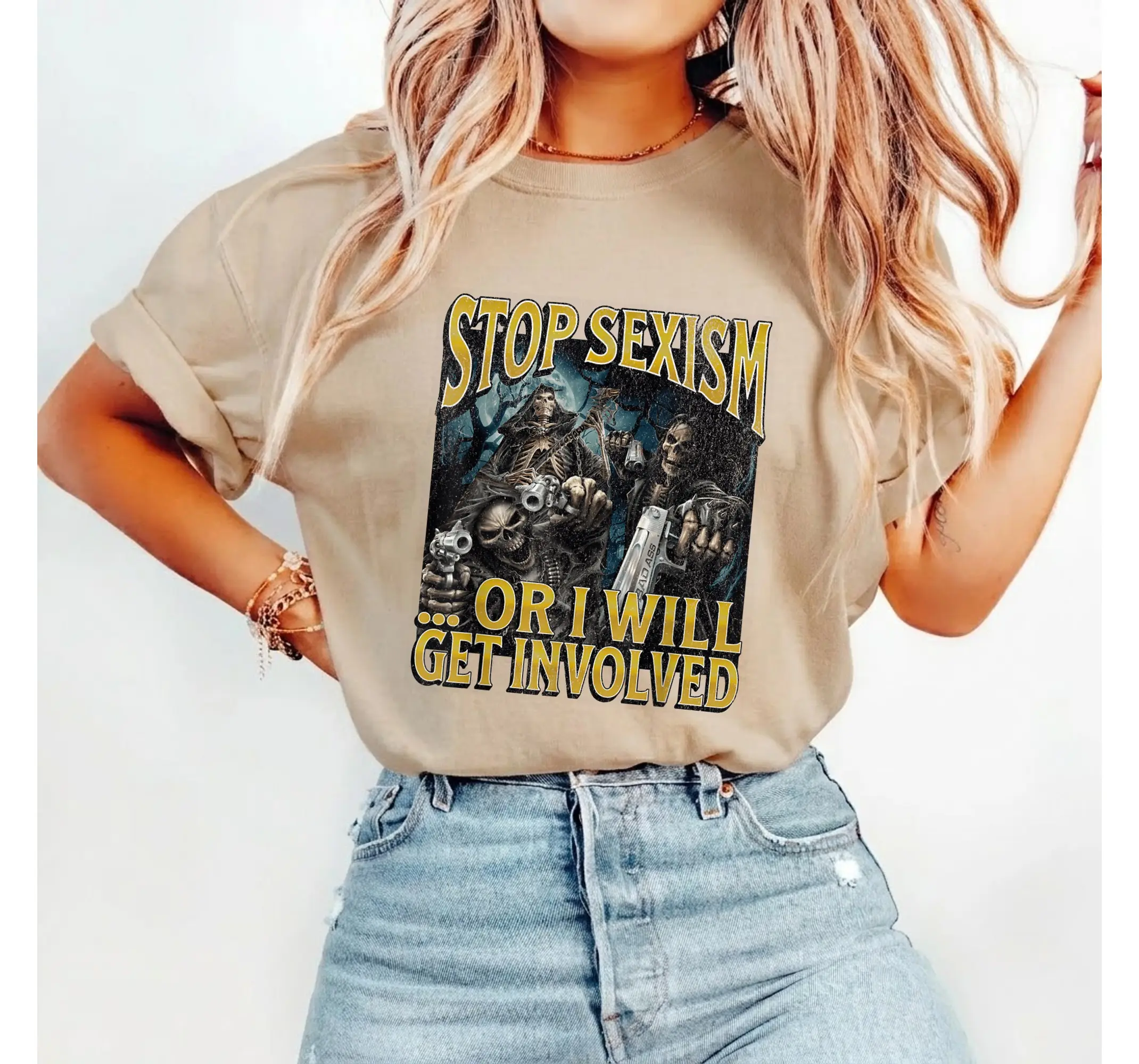 Funny Skeleton Meme Graphic Tee, Anti Sexism Edgy Humor Vintage Streetwear Shirt - photo 4