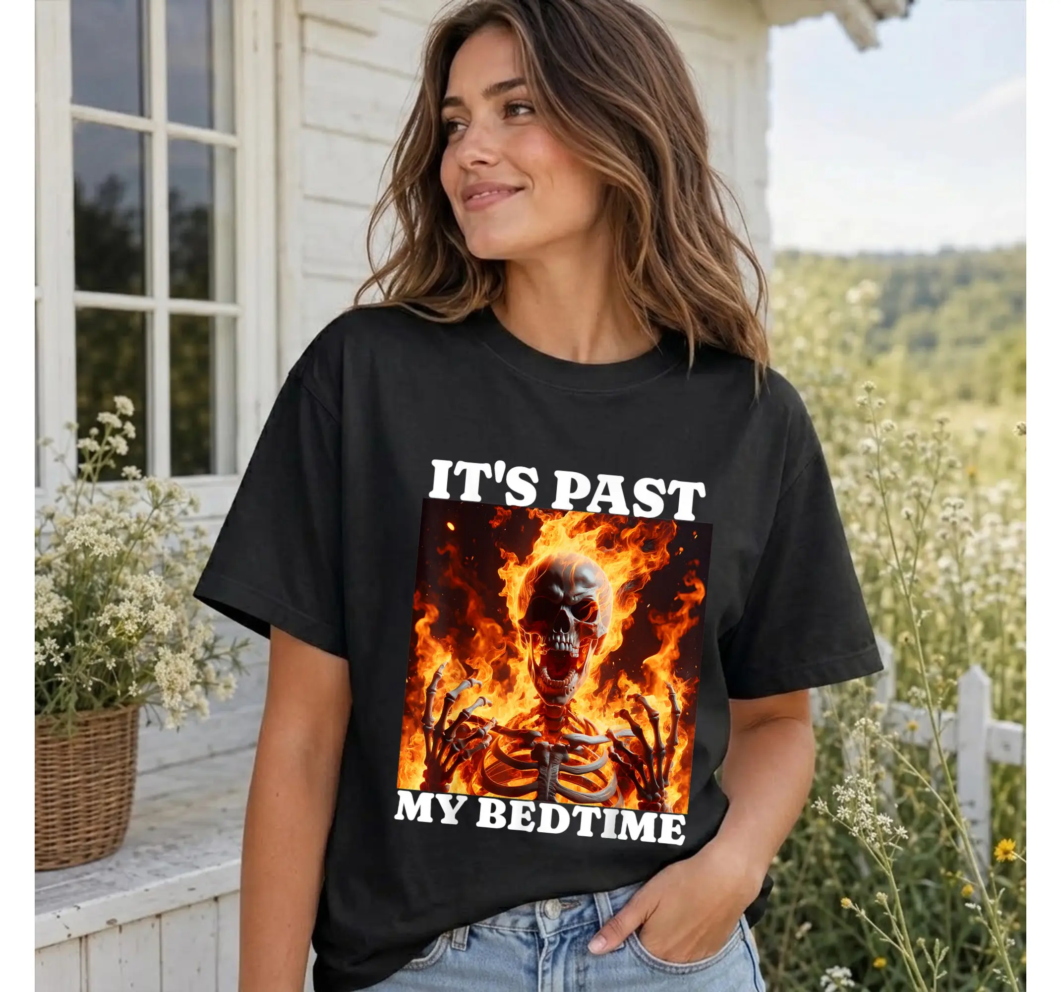 Funny Skeleton Past My Bedtime Shirt, Ironic Tired Meme Graphic Tee, Alt Y2K Flame Top