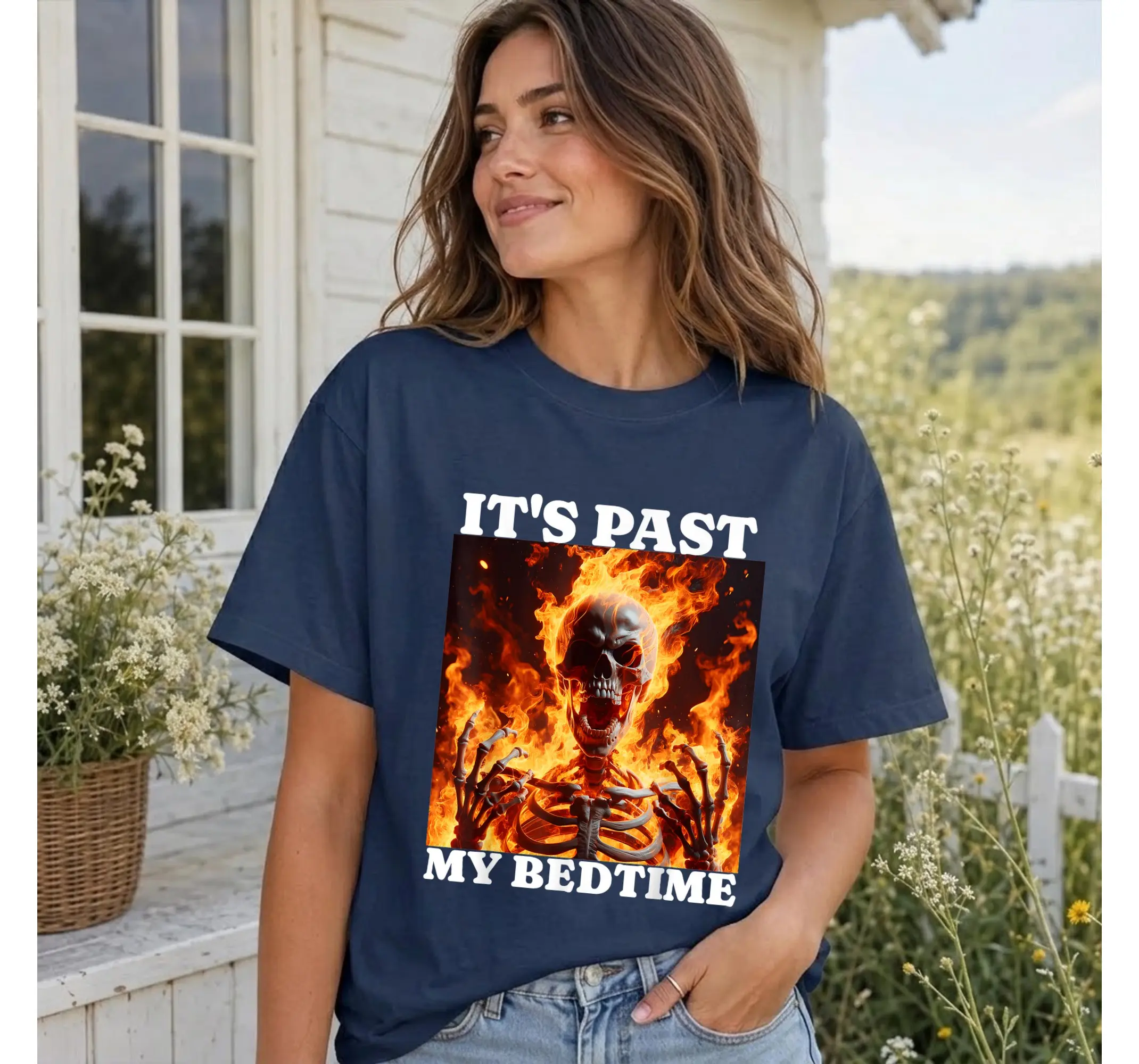 Funny Skeleton Past My Bedtime Shirt, Ironic Tired Meme Graphic Tee, Alt Y2K Flame Top - photo 2