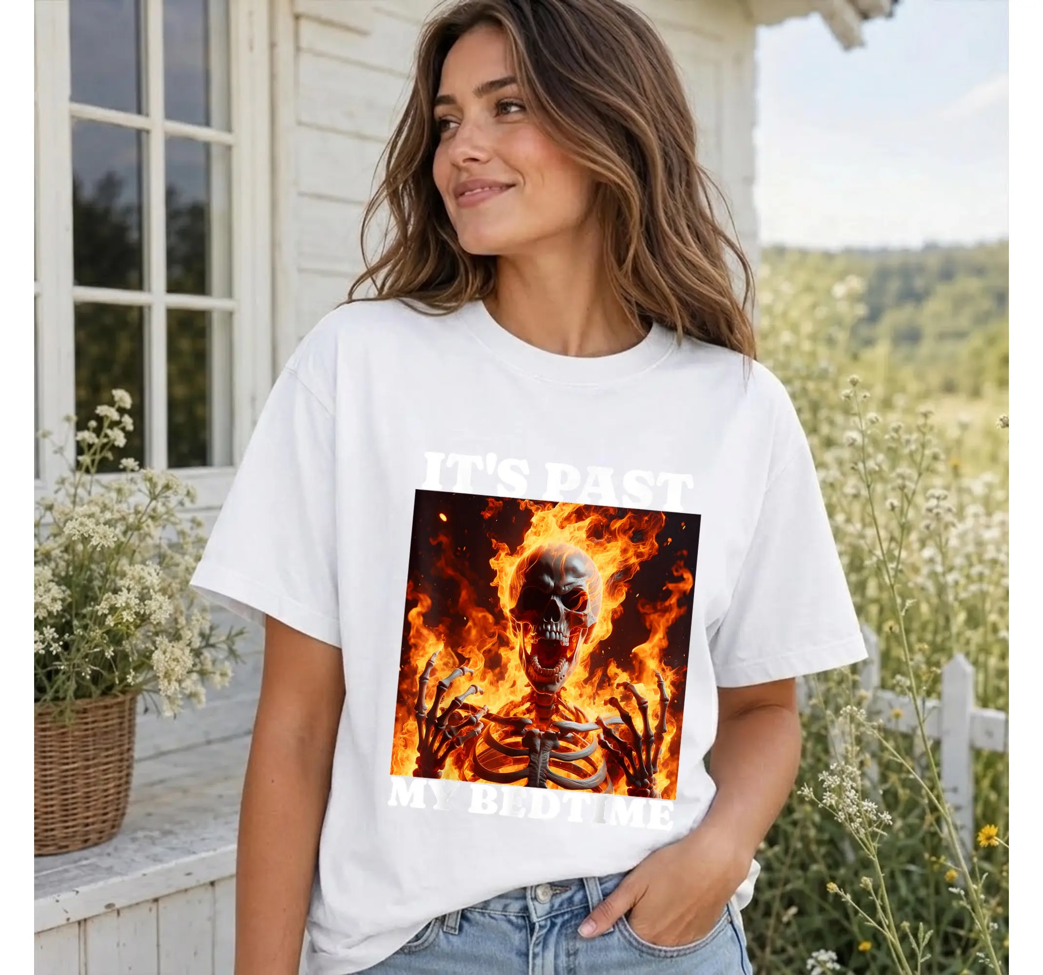 Funny Skeleton Past My Bedtime Shirt, Ironic Tired Meme Graphic Tee, Alt Y2K Flame Top - photo 3