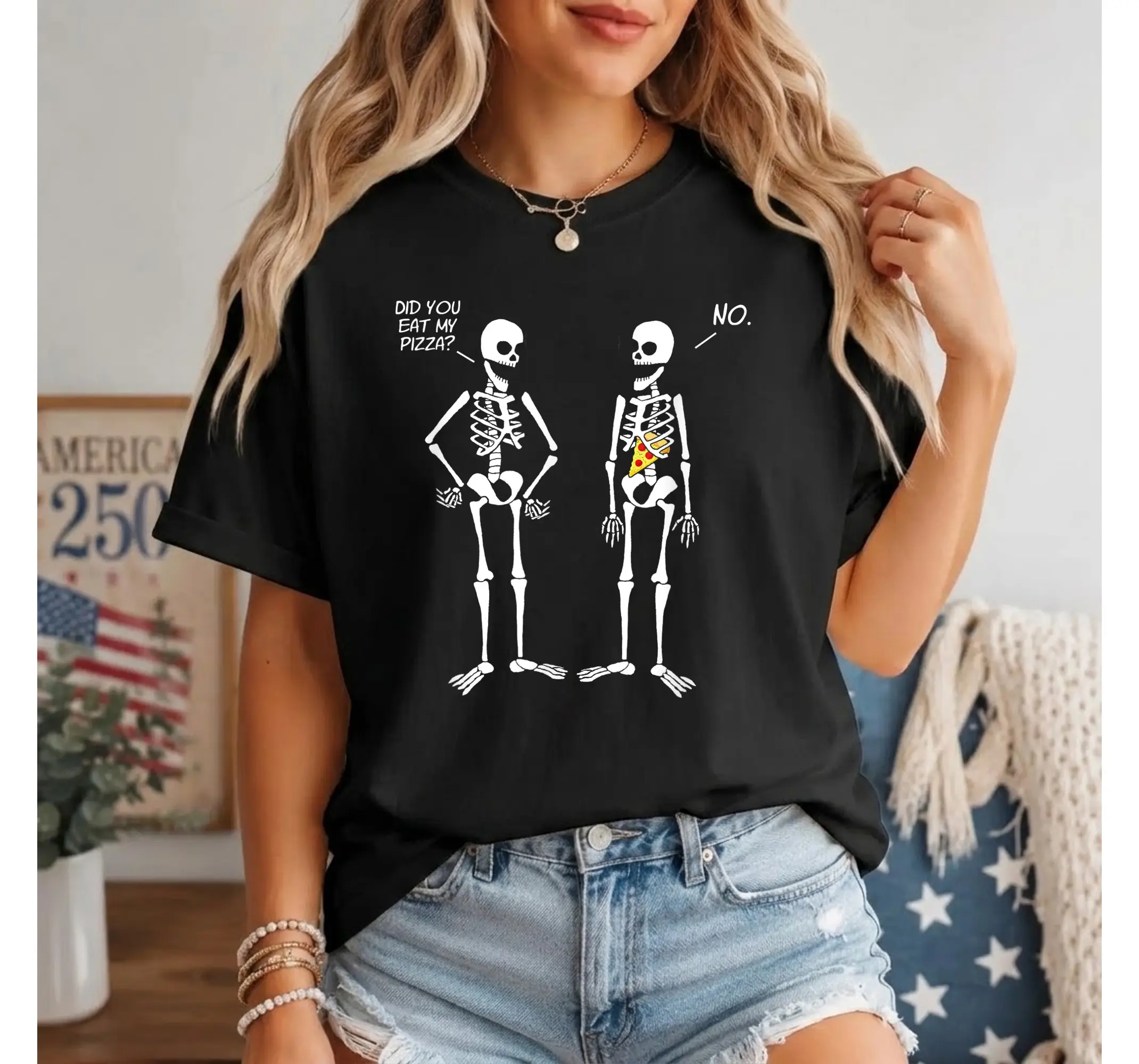 Funny Skeleton Pizza Lover Tee, Cute Skull Foodie Meme Graphic T-Shirt