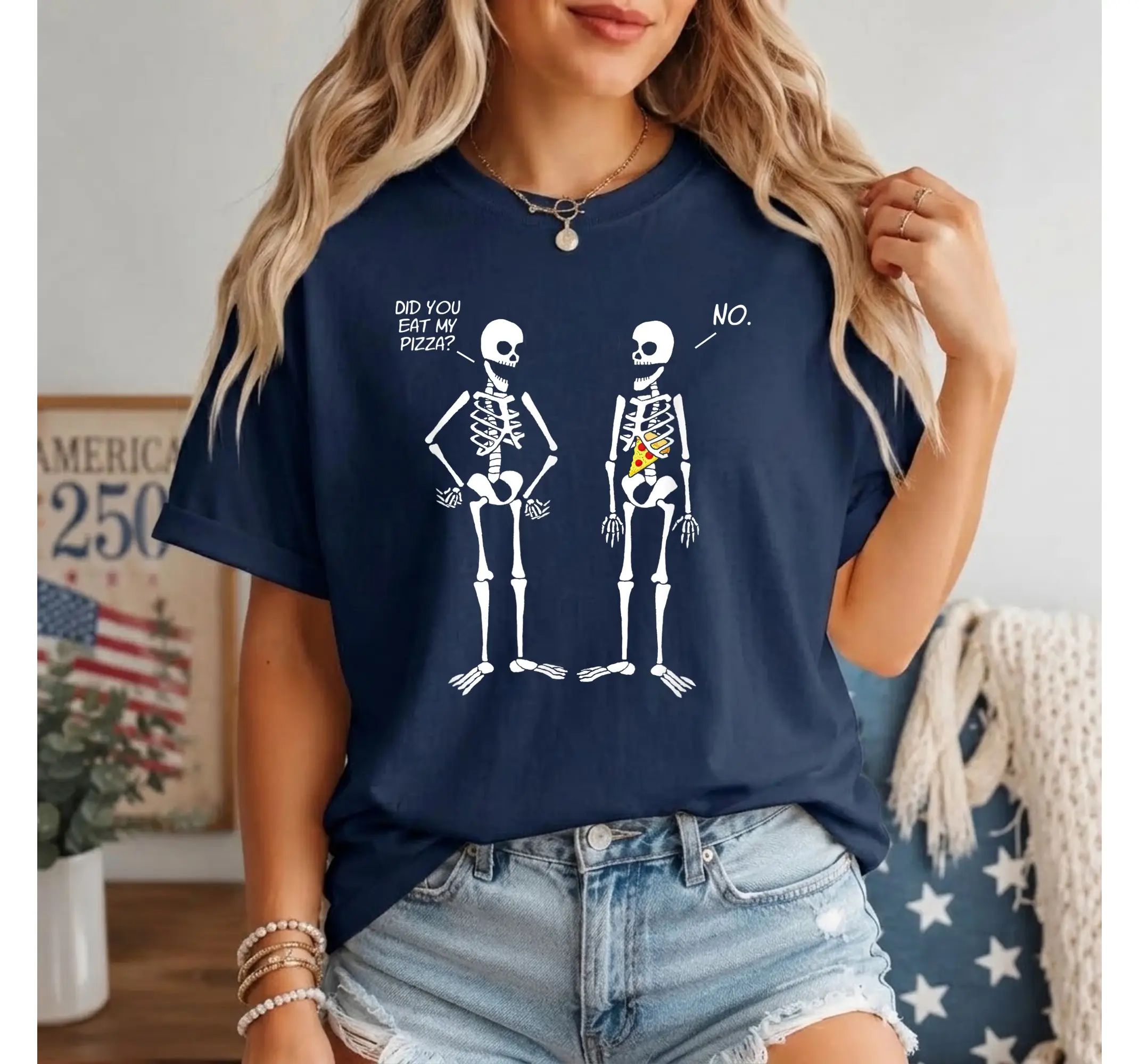 Funny Skeleton Pizza Lover Tee, Cute Skull Foodie Meme Graphic T-Shirt - photo 2