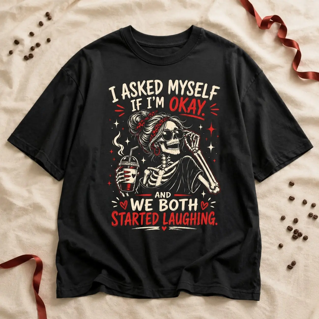 I Asked Myself If Im Okay Skeleton Shirt, Funny Sarcastic Gothic Mental Health Humor Halloween Tee for Women