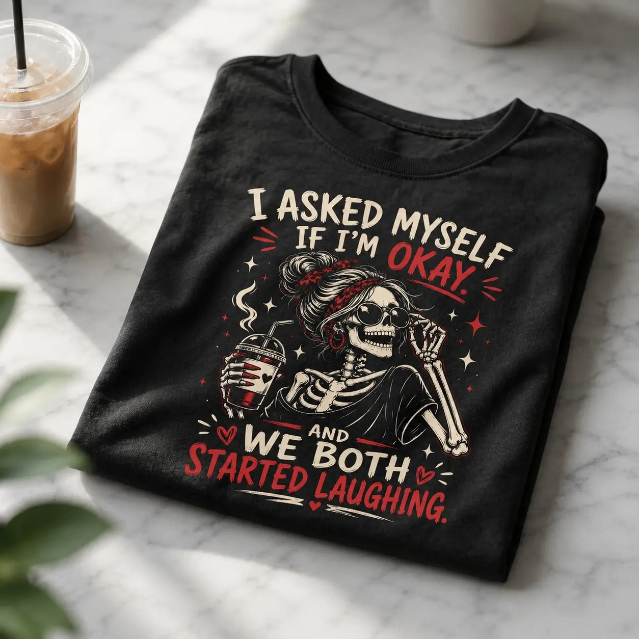I Asked Myself If Im Okay Skeleton Shirt, Funny Sarcastic Gothic Mental Health Humor Halloween Tee for Women - photo 3