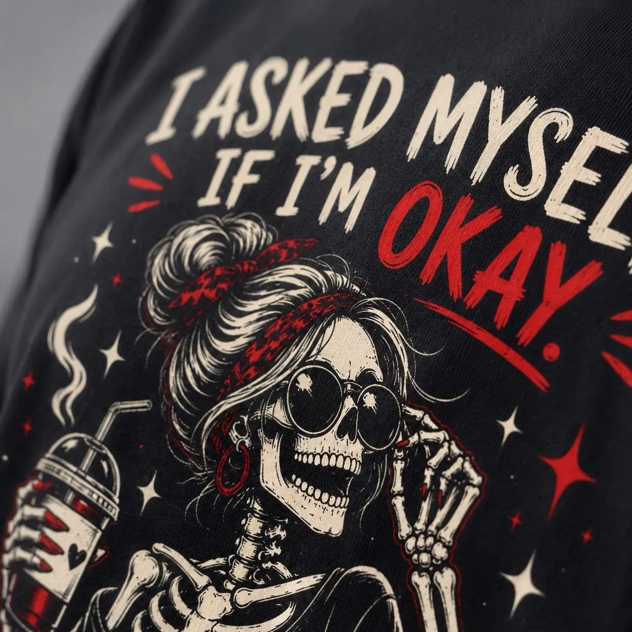 I Asked Myself If Im Okay Skeleton Shirt, Funny Sarcastic Gothic Mental Health Humor Halloween Tee for Women - photo 4