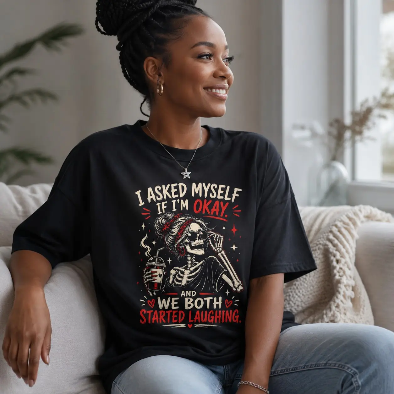 I Asked Myself If Im Okay Skeleton Sweatshirt, Funny Sarcastic Gothic Mental Health Humor Halloween Crewneck - photo 5