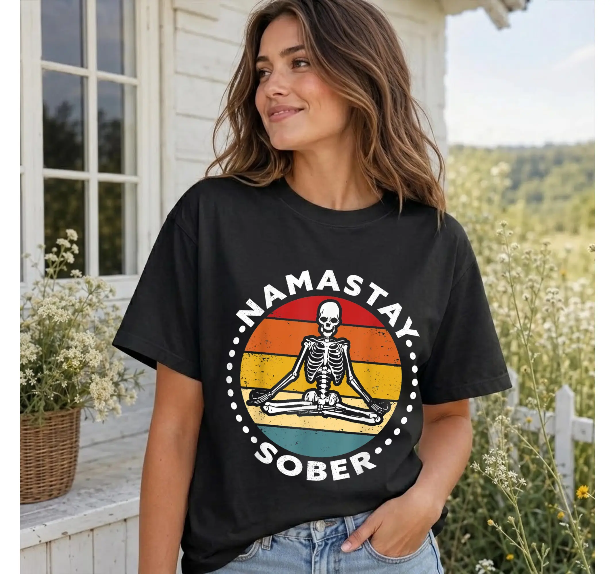 Funny Sober Skeleton Yoga Tee, Lotus Pose Meditation Shirt, Addiction Recovery Graphic Top