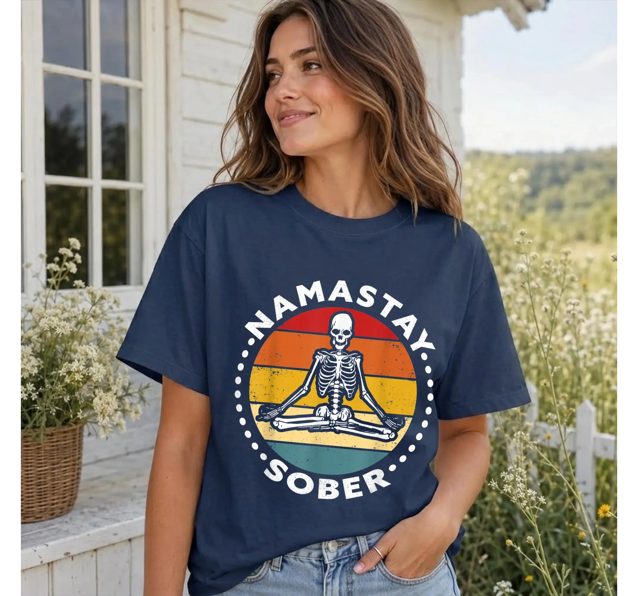 Funny Sober Skeleton Yoga Tee, Lotus Pose Meditation Shirt, Addiction Recovery Graphic Top - photo 2