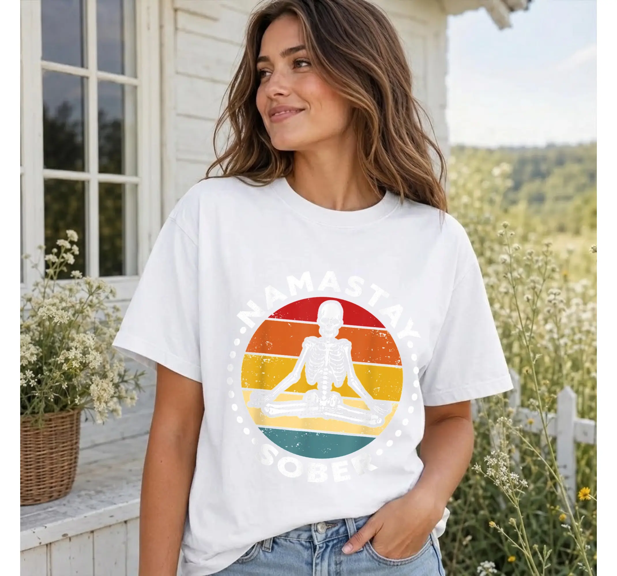 Funny Sober Skeleton Yoga Tee, Lotus Pose Meditation Shirt, Addiction Recovery Graphic Top - photo 3