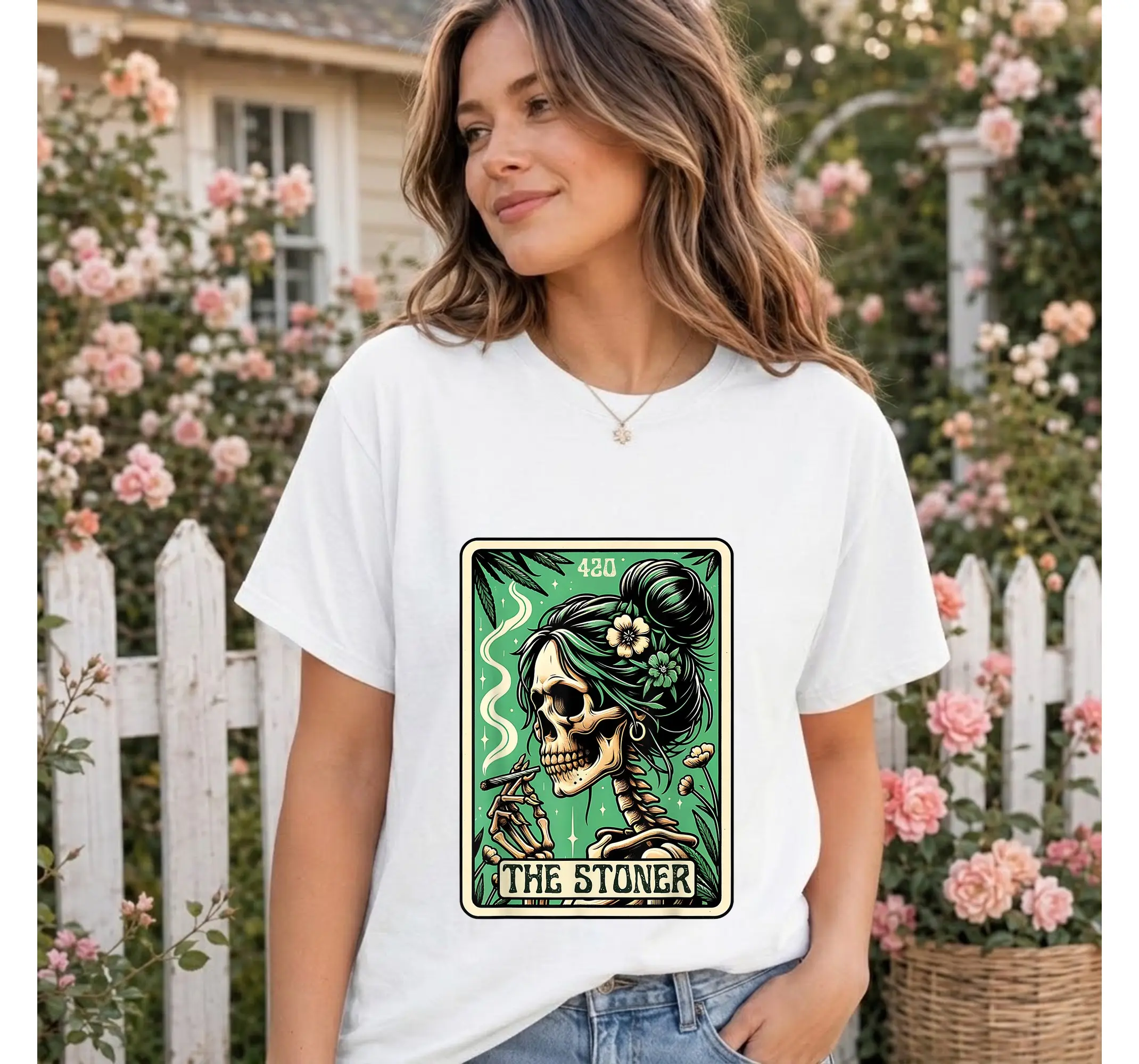 Funny Stoner Skeleton Tee, Cannabis 420 Weed Tarot Card Graphic Shirt Gift - photo 2