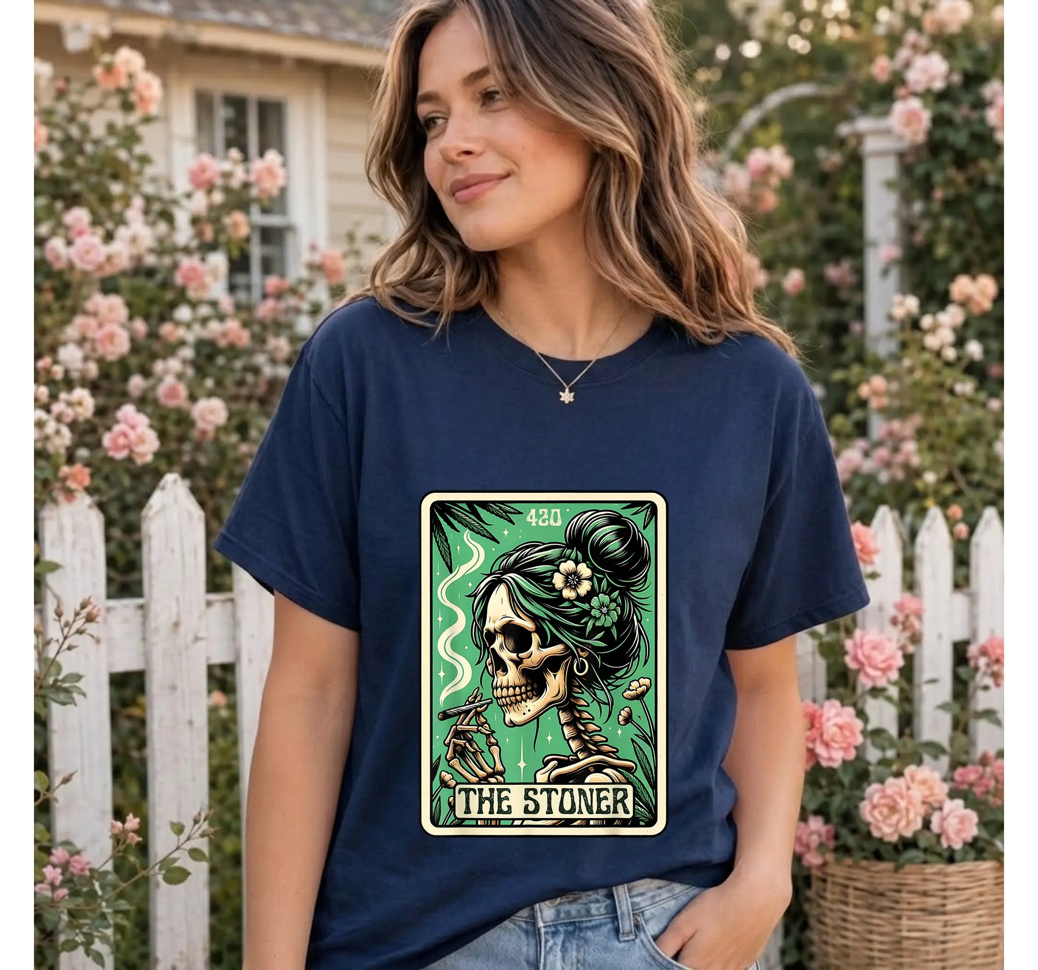 Funny Stoner Skeleton Tee, Cannabis 420 Weed Tarot Card Graphic Shirt Gift - photo 3