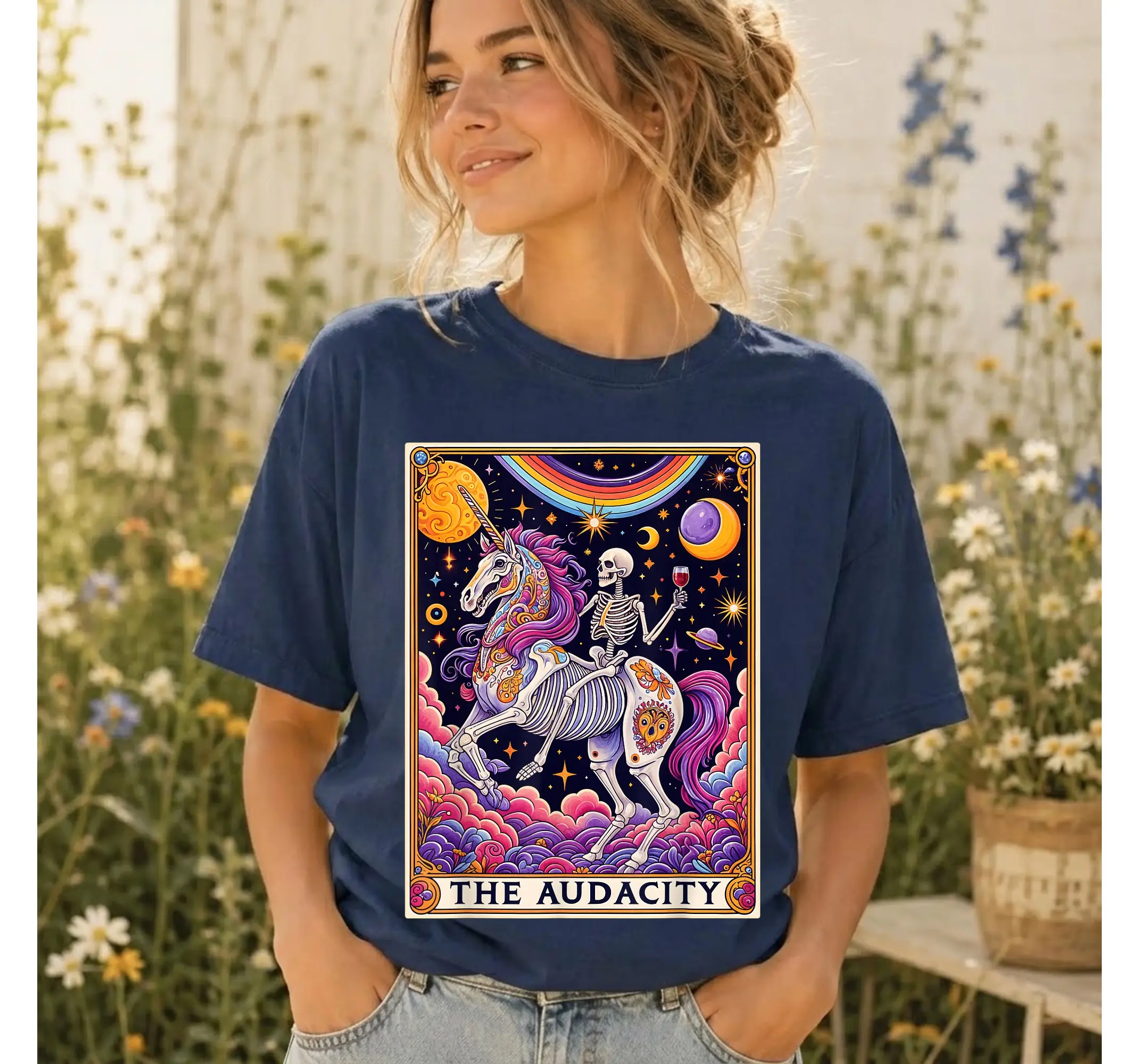 Funny Tarot Card Graphic Tee, Sarcastic Rainbow Skeleton Unicorn T-Shirt for Witchy Vibes