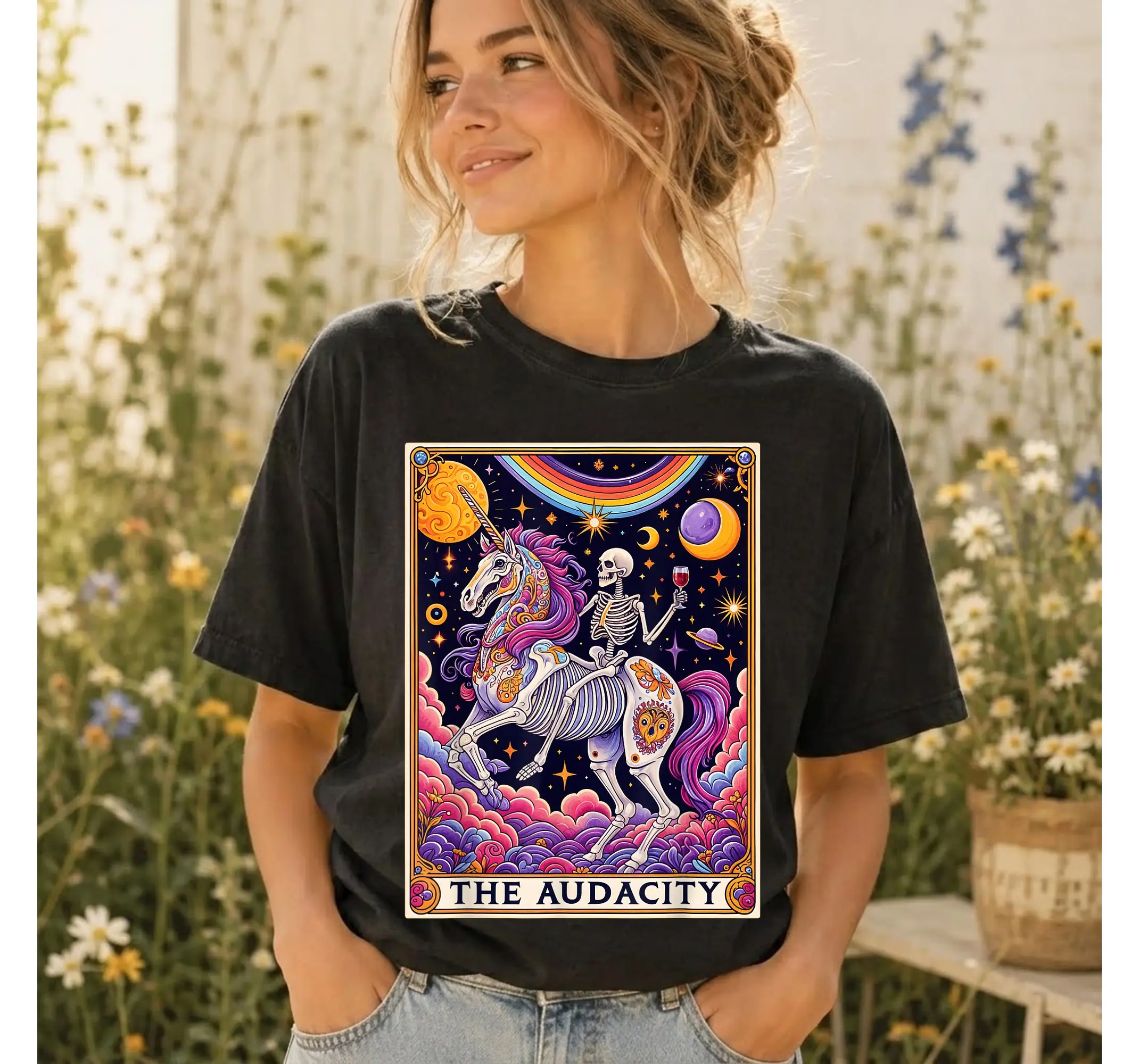Funny Tarot Card Graphic Tee, Sarcastic Rainbow Skeleton Unicorn T-Shirt for Witchy Vibes - photo 2
