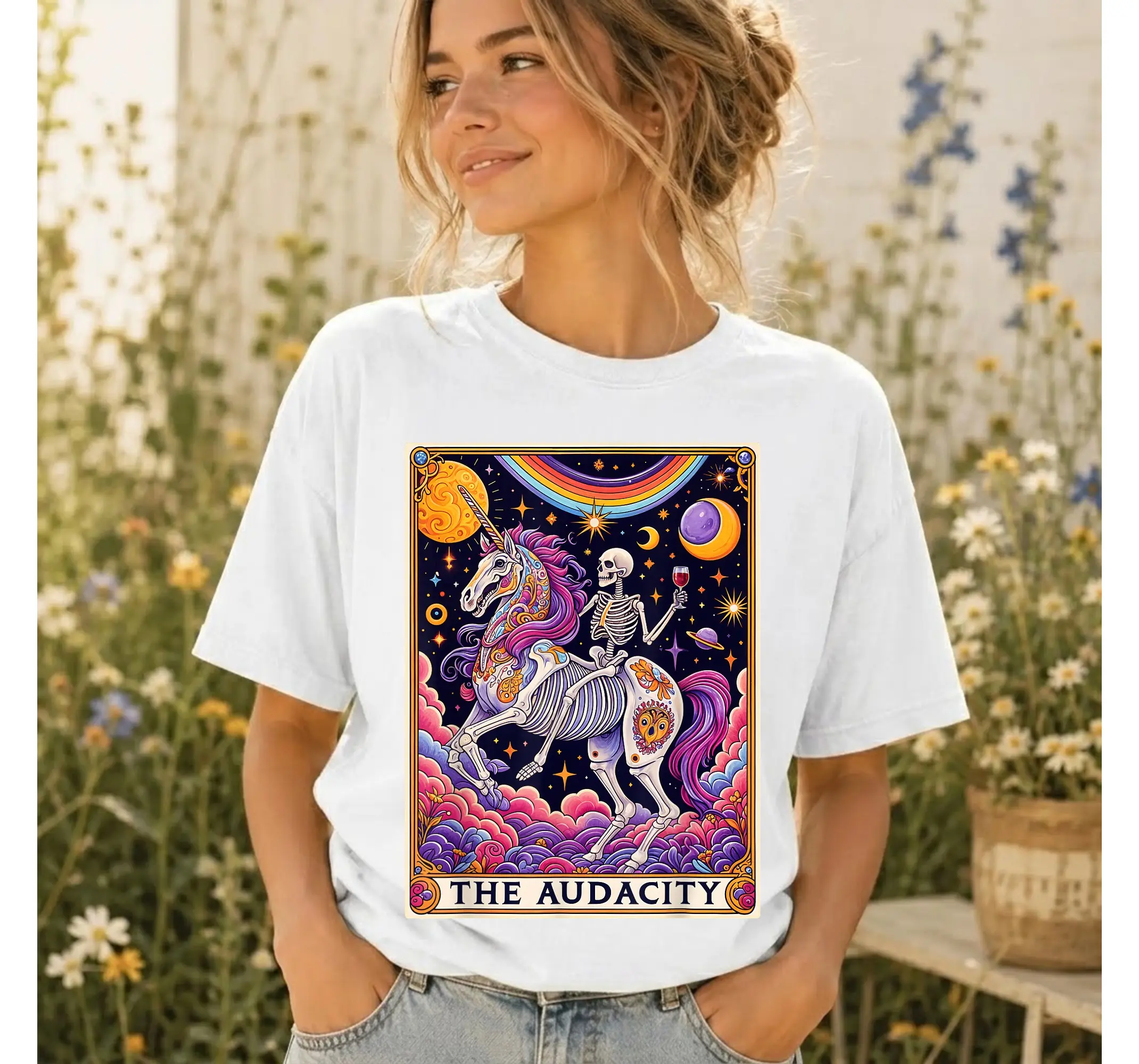 Funny Tarot Card Graphic Tee, Sarcastic Rainbow Skeleton Unicorn T-Shirt for Witchy Vibes - photo 3