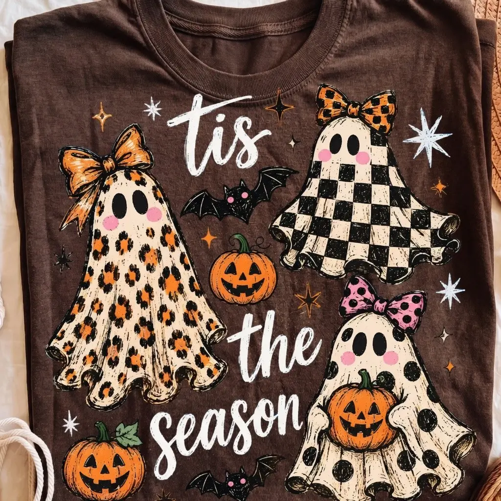 Funny Tis The Season Ghost Comfort Colors Shirt, Girly Halloween Trio Graphic Tee