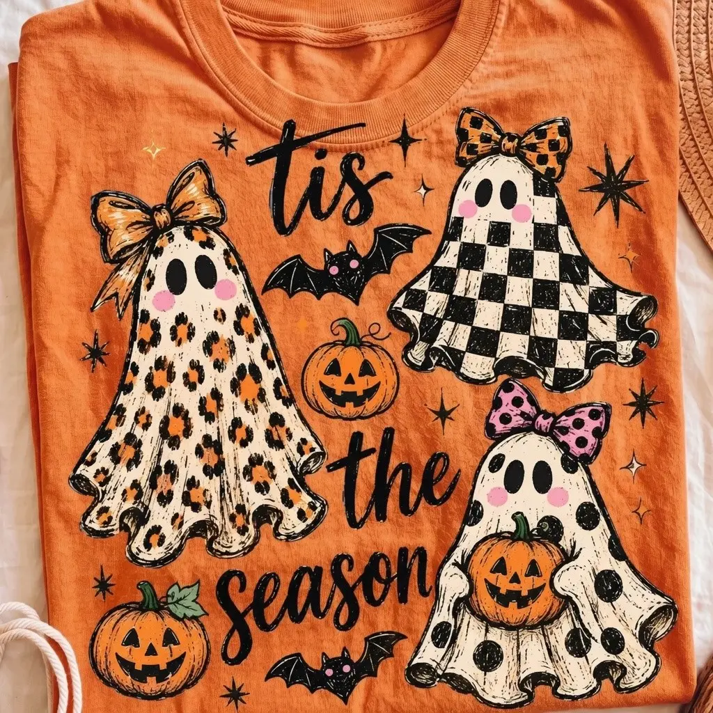 Funny Tis The Season Ghost Comfort Colors Shirt, Girly Halloween Trio Graphic Tee - photo 2