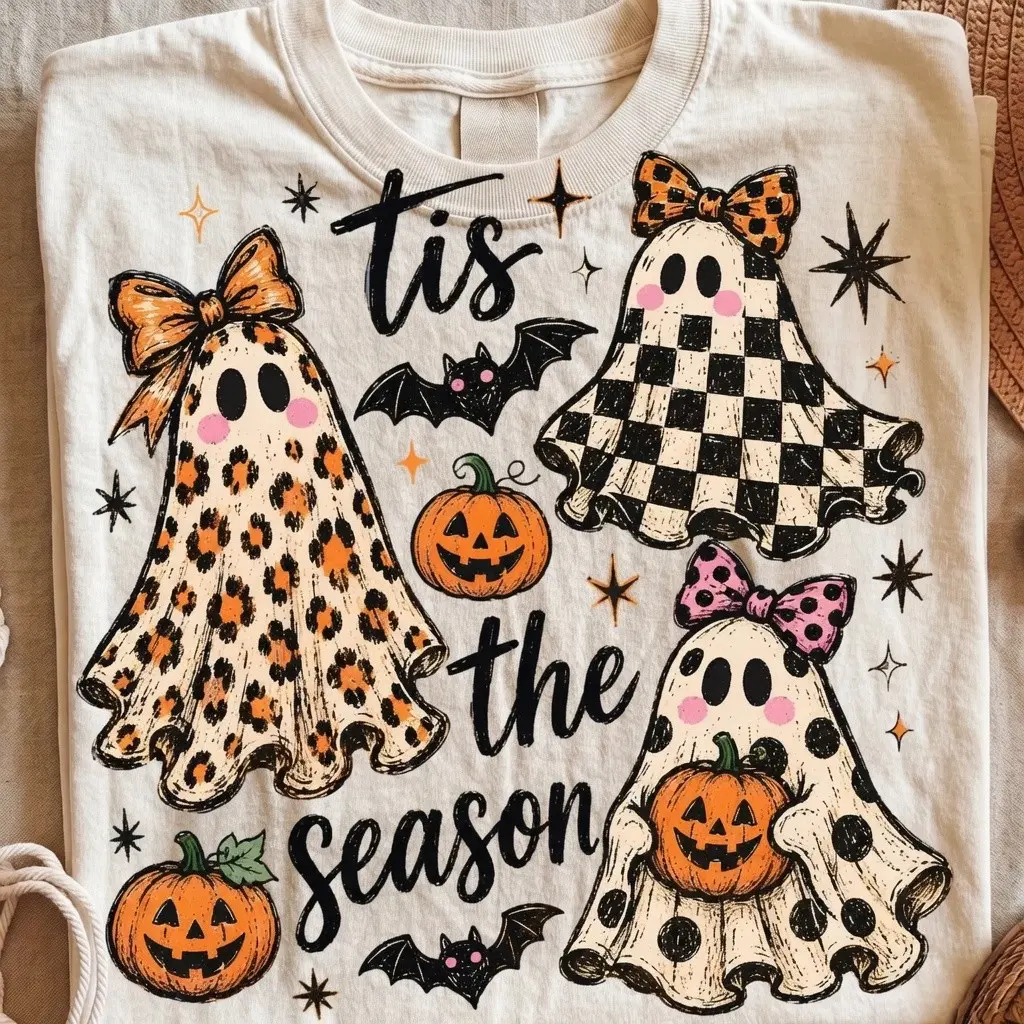 Funny Tis The Season Ghost Comfort Colors Shirt, Girly Halloween Trio Graphic Tee - photo 3