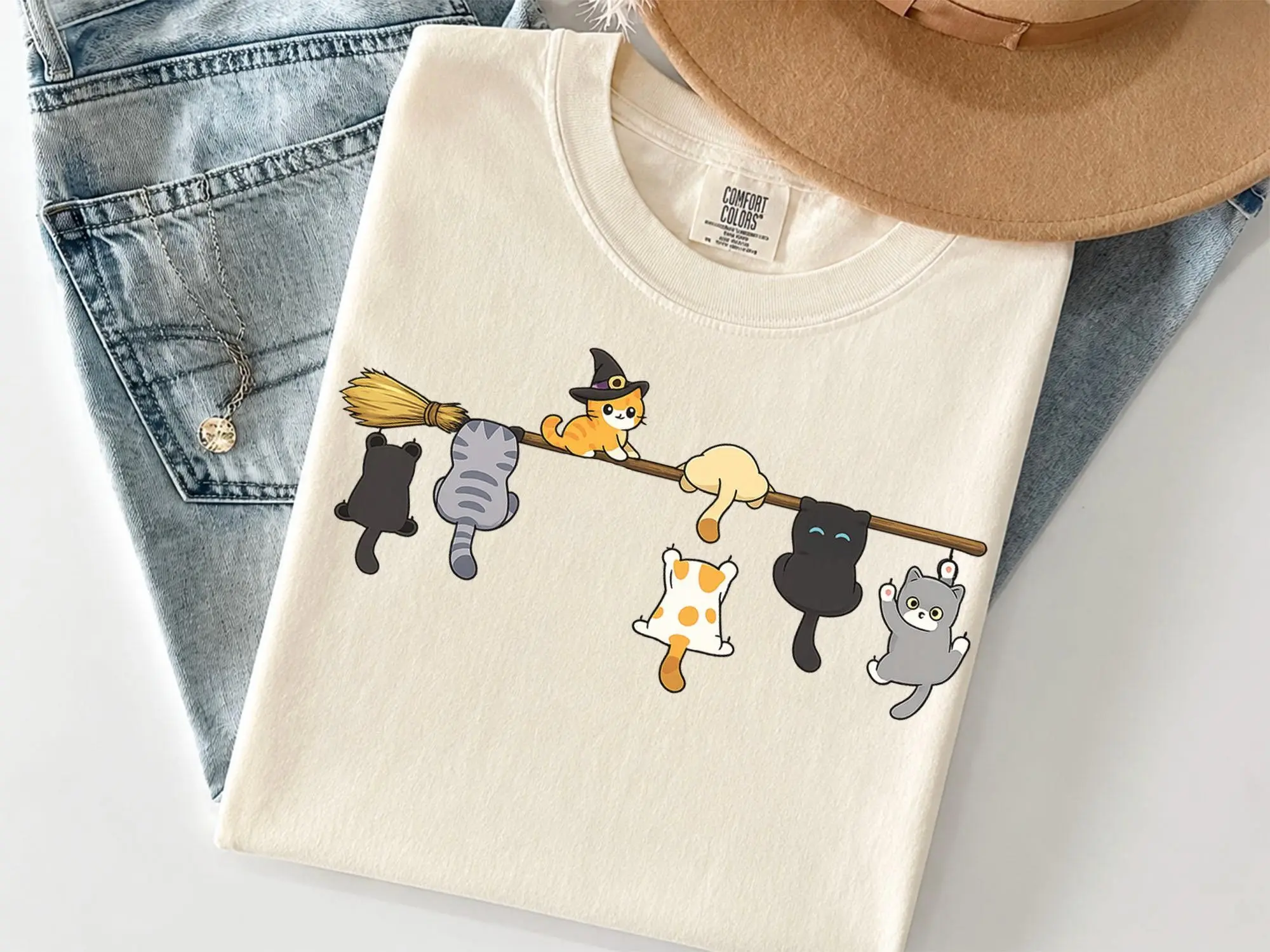 Funny Witch Cats Shirt, Comfort Colors Halloween Tee, Cute Broom Spooky Kitty Graphic Fall Gift for Cat Lovers