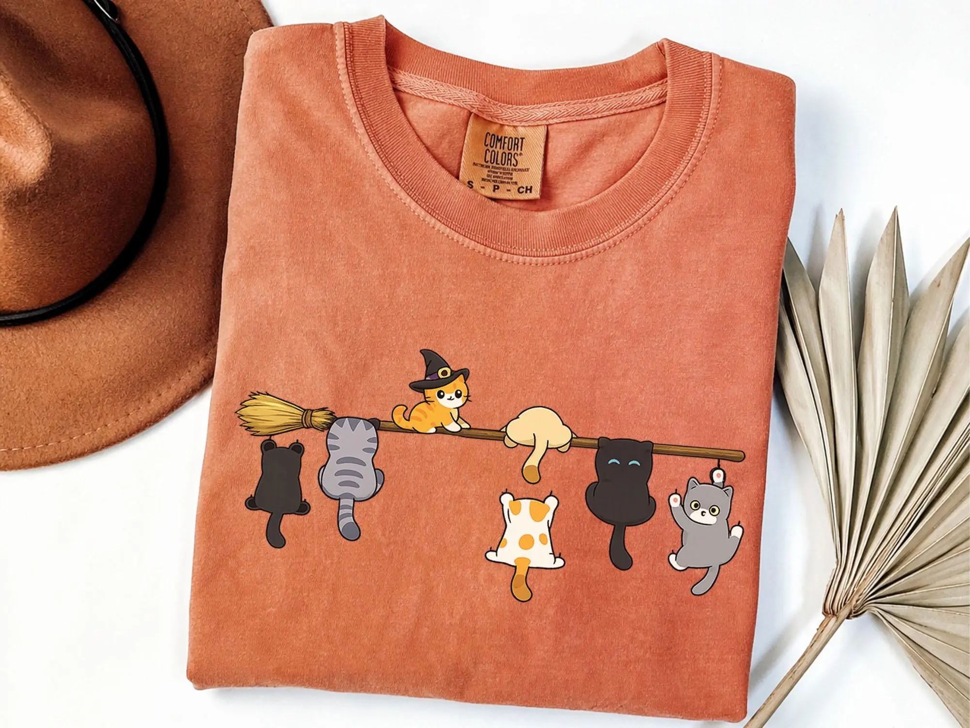Funny Witch Cats Shirt, Comfort Colors Halloween Tee, Cute Broom Spooky Kitty Graphic Fall Gift for Cat Lovers - photo 2