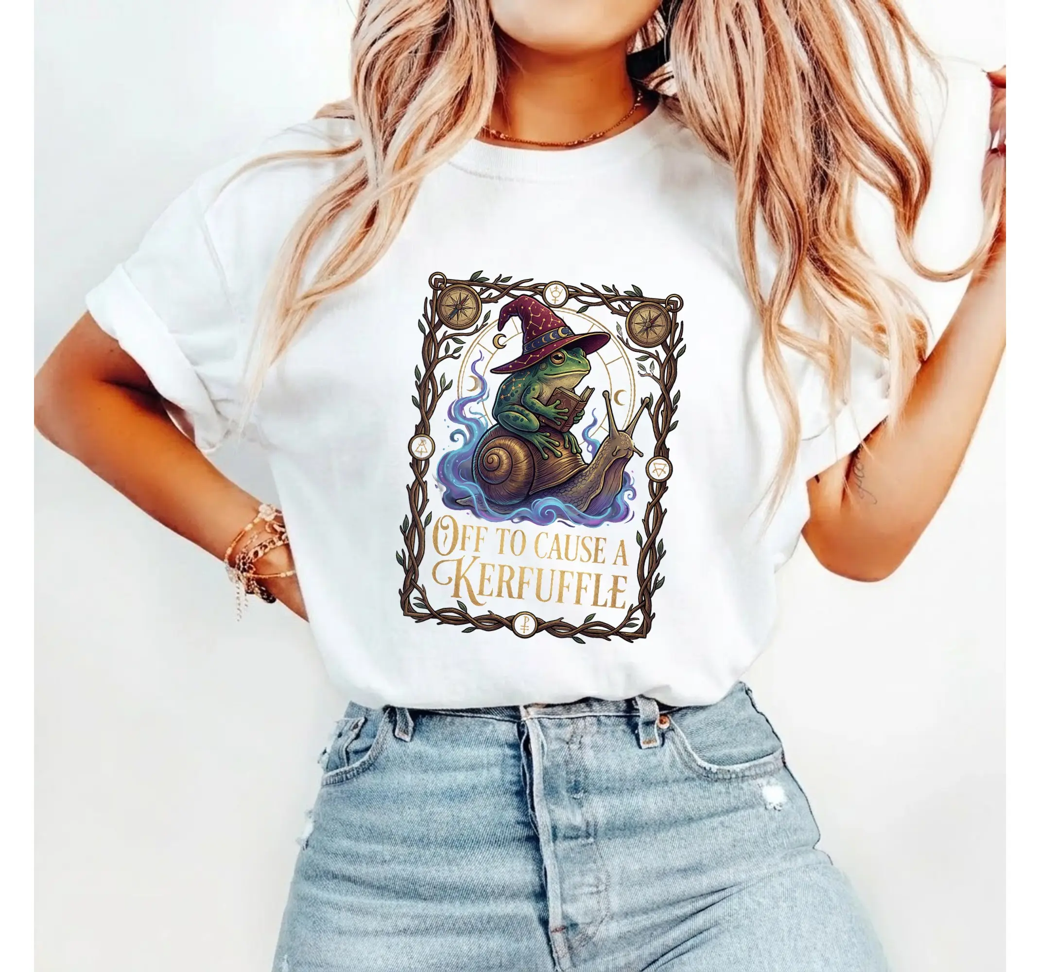 Funny Wizard Frog & Magic Snail Graphic Tee, Cottagecore Meme Witchy Humor Shirt - photo 1