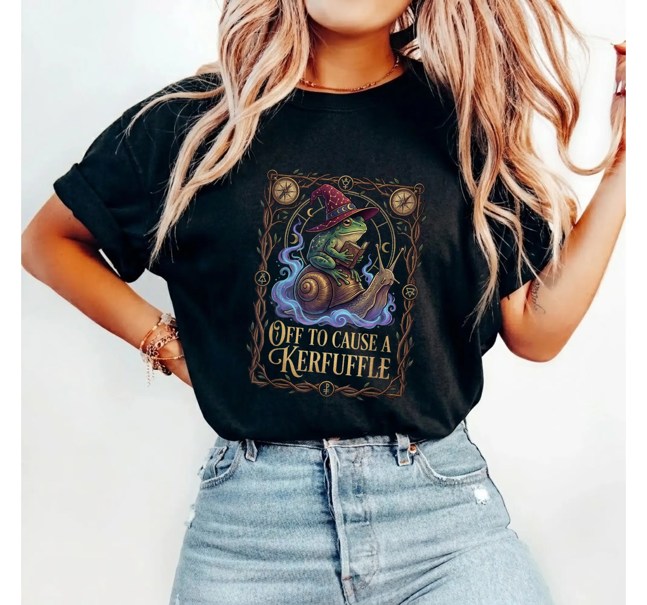 Funny Wizard Frog & Magic Snail Graphic Tee, Cottagecore Meme Witchy Humor Shirt - photo 2