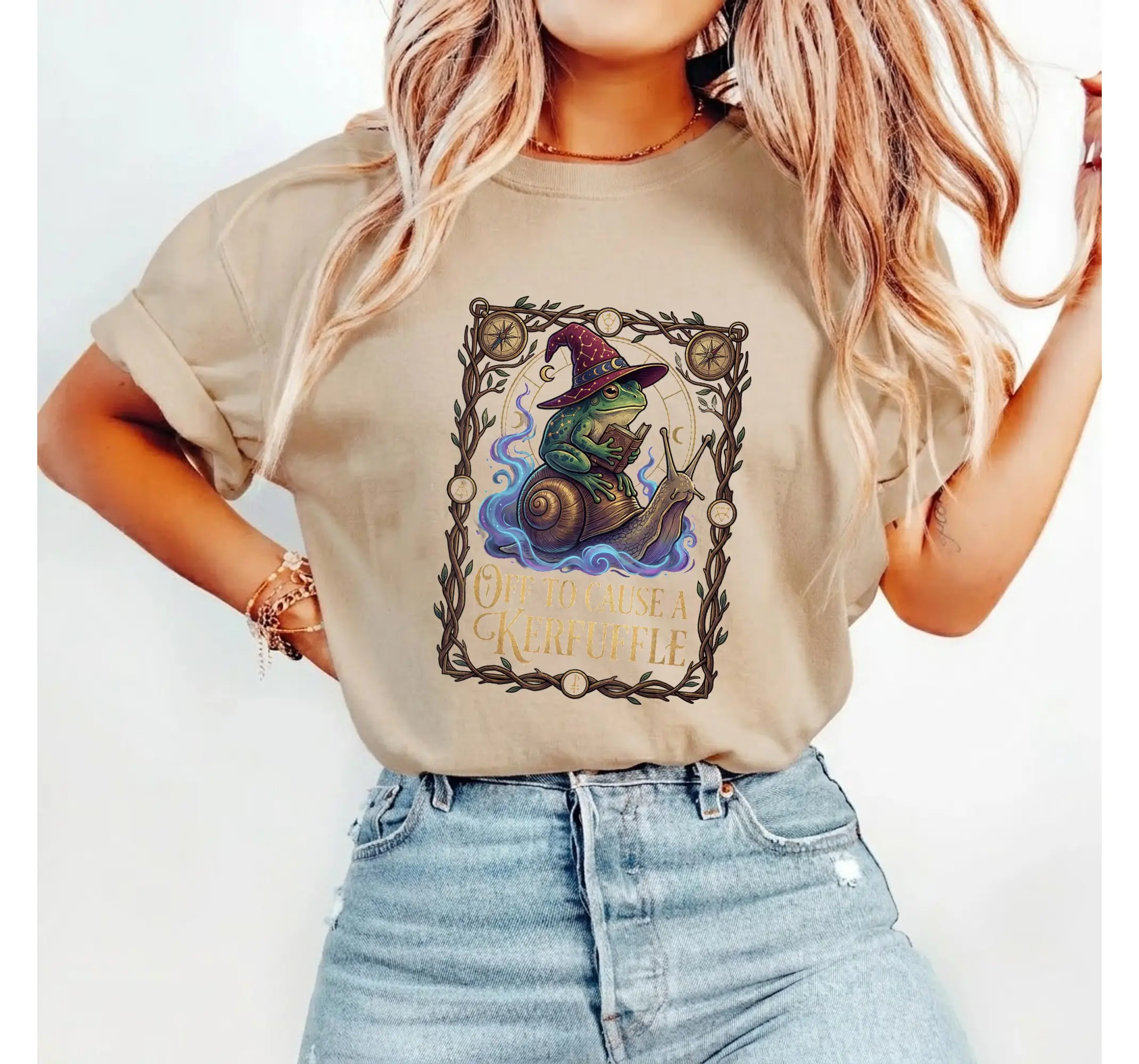 Funny Wizard Frog & Magic Snail Graphic Tee, Cottagecore Meme Witchy Humor Shirt - photo 4
