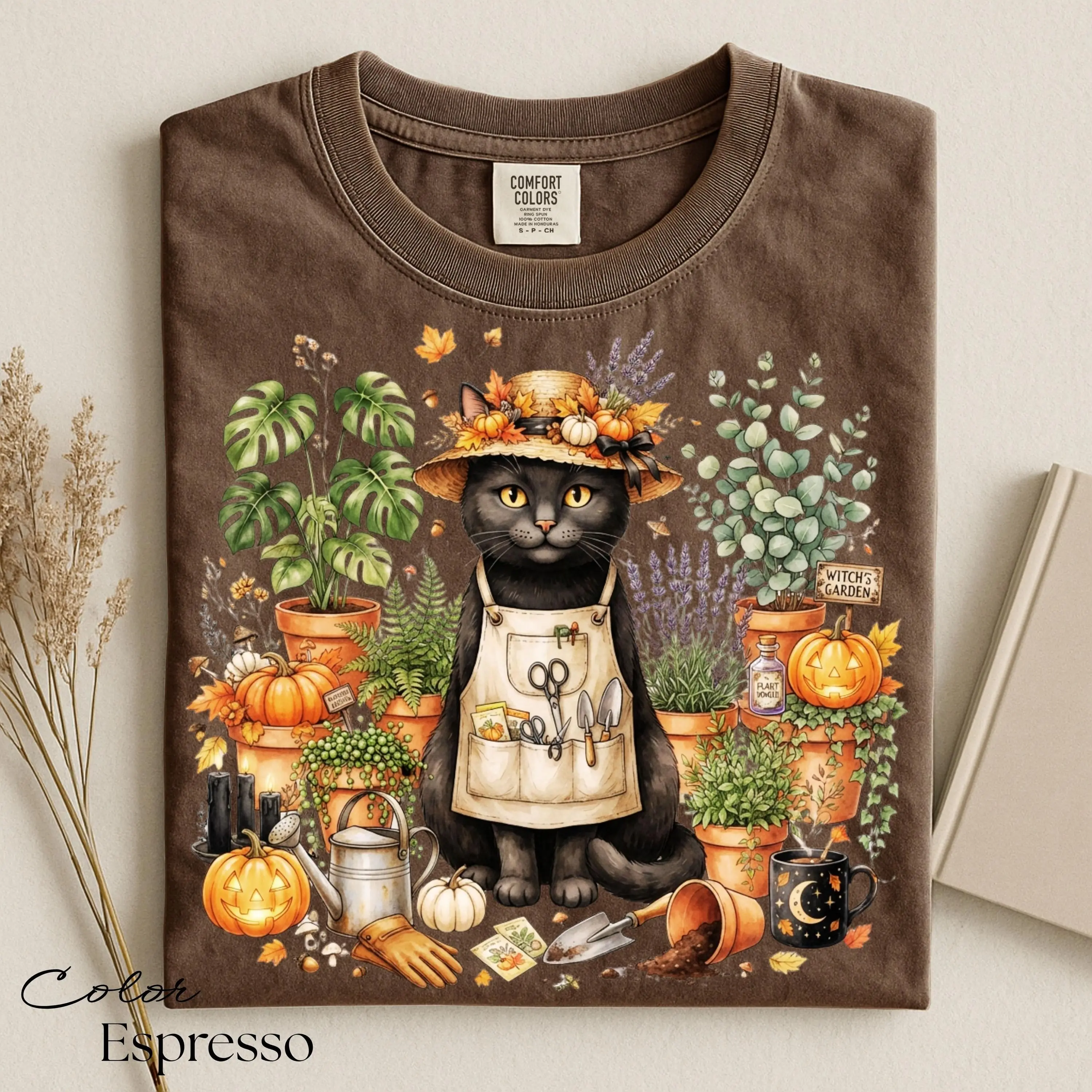 Black Cat Gardening Halloween Shirt, Botanical Cottagecore Plant Lover Spooky Season Fall Tee for Women