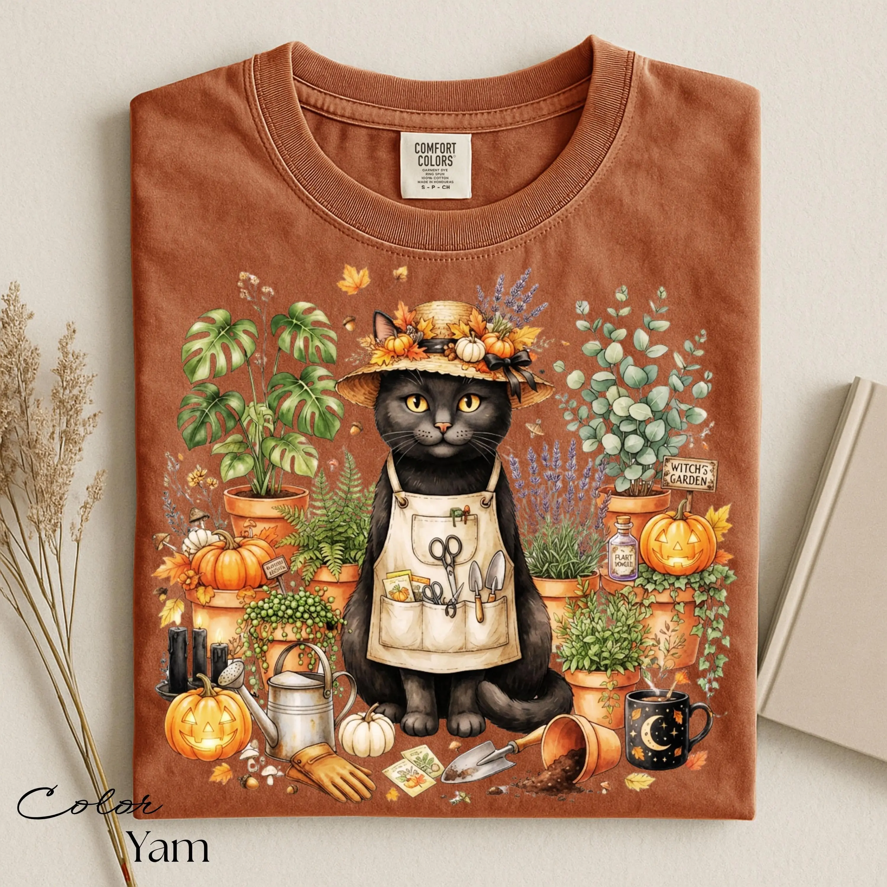 Black Cat Gardening Halloween Shirt, Botanical Cottagecore Plant Lover Spooky Season Fall Tee for Women - photo 2