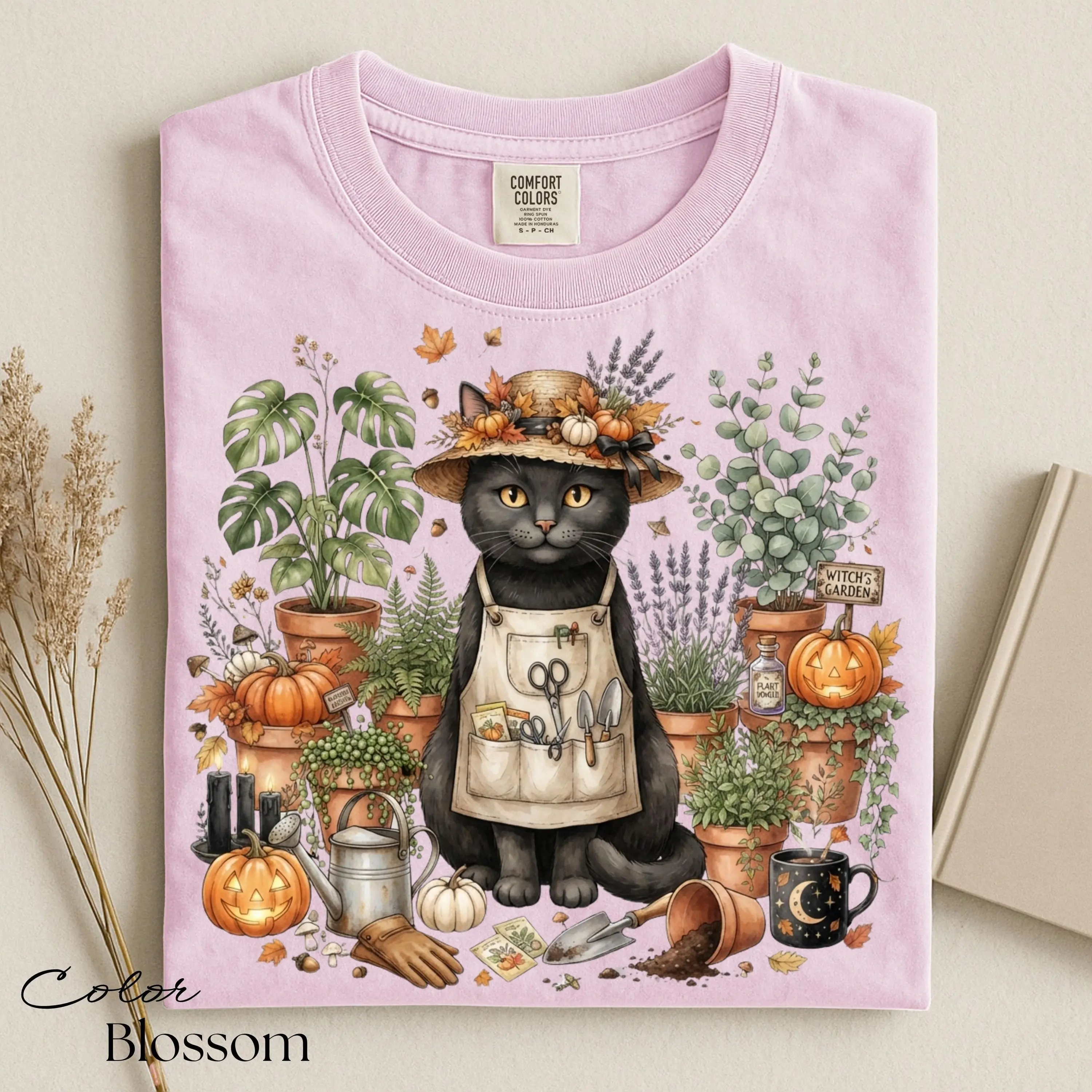 Black Cat Gardening Halloween Shirt, Botanical Cottagecore Plant Lover Spooky Season Fall Tee for Women - photo 3