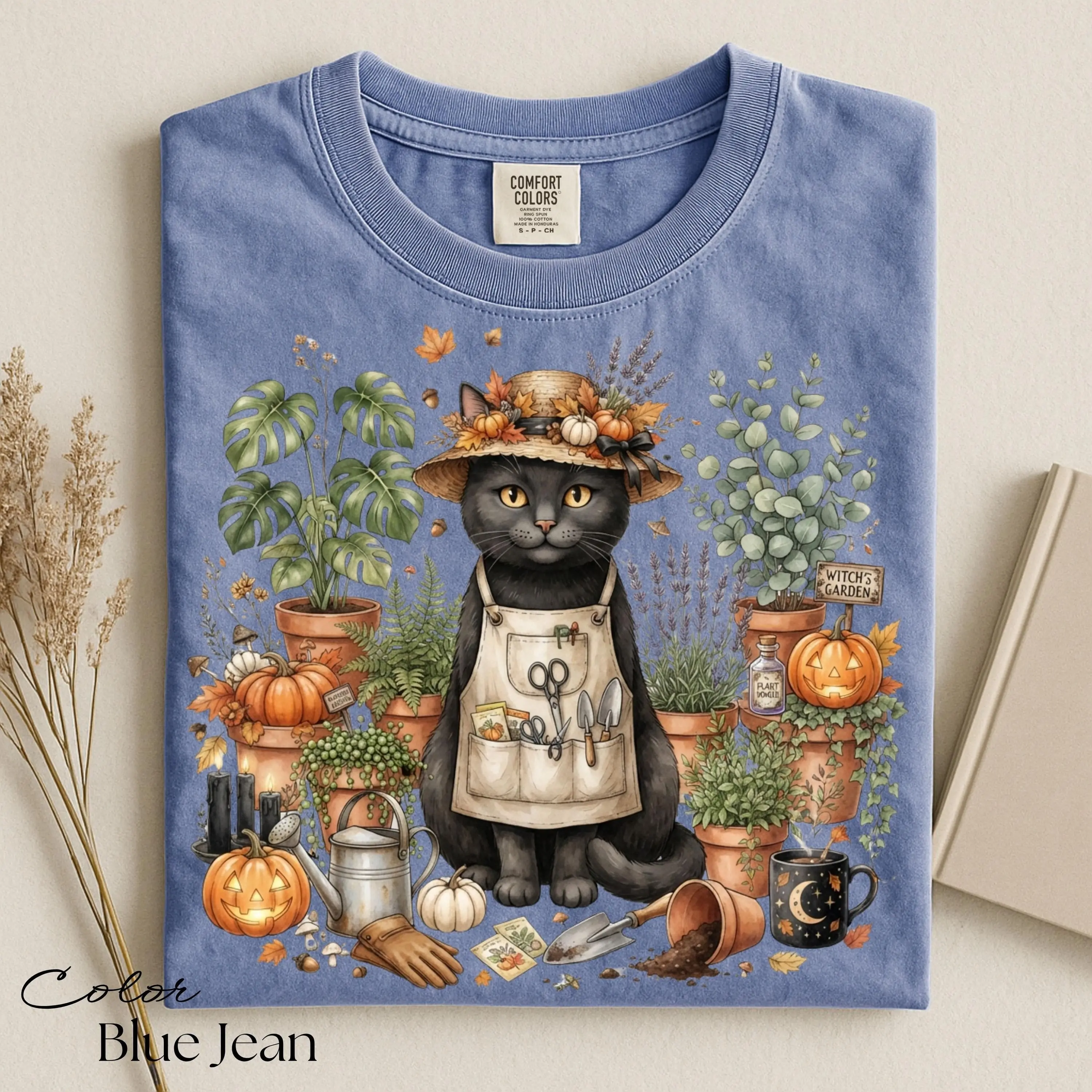 Black Cat Gardening Halloween Shirt, Botanical Cottagecore Plant Lover Spooky Season Fall Tee for Women - photo 4