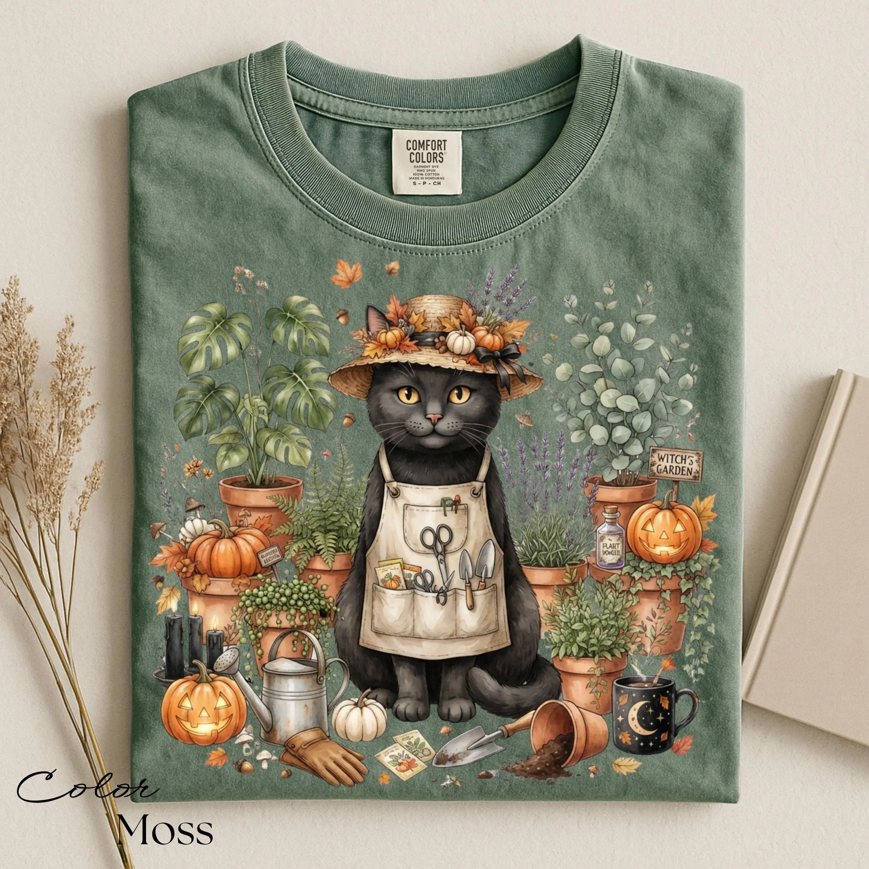 Black Cat Gardening Halloween Shirt, Botanical Cottagecore Plant Lover Spooky Season Fall Tee for Women - photo 5