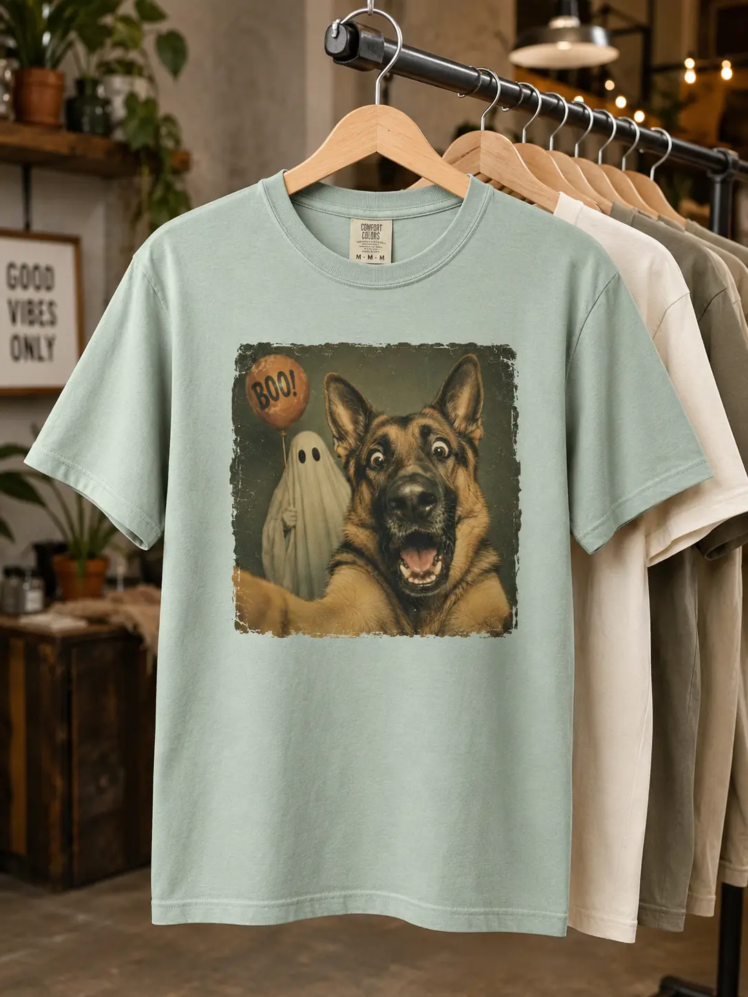 German Shepherd Halloween Shirt | Ghost Selfie Dog Tee | Vintage Spooky Artwork | Comfort Colors 1717 Unisex Top