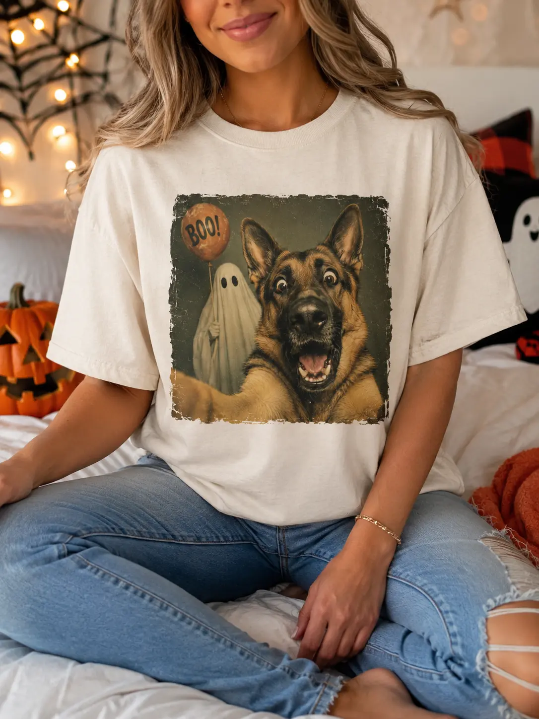 German Shepherd Halloween Shirt | Ghost Selfie Dog Tee | Vintage Spooky Artwork | Comfort Colors 1717 Unisex Top - photo 3
