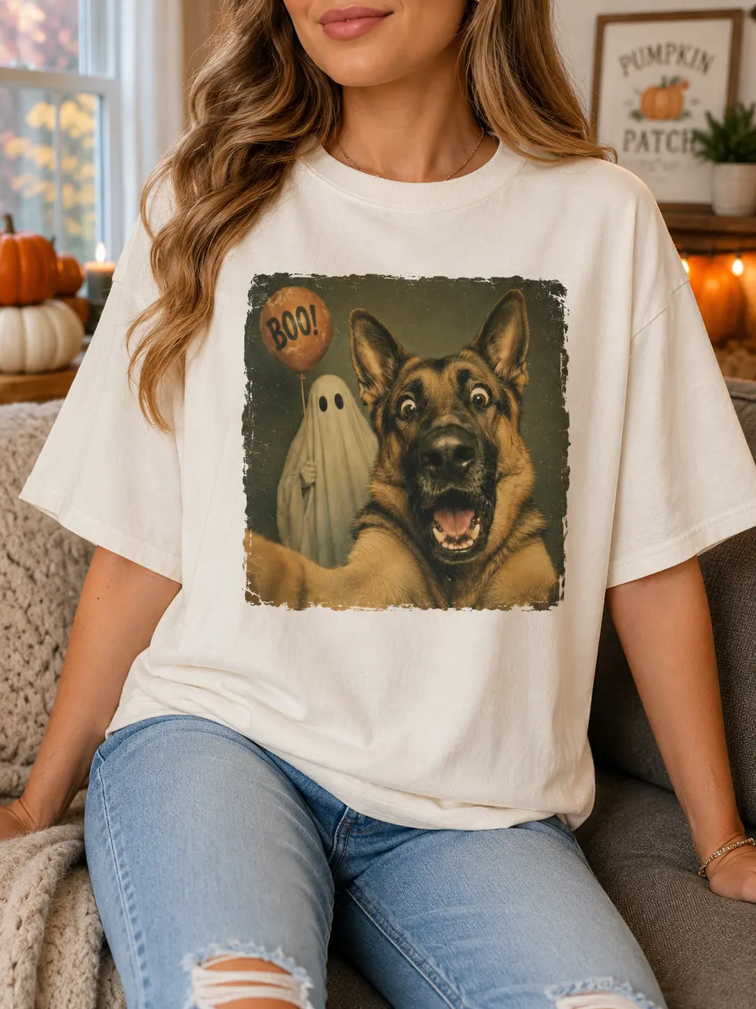 German Shepherd Halloween Shirt | Ghost Selfie Dog Tee | Vintage Spooky Artwork | Comfort Colors 1717 Unisex Top - photo 4