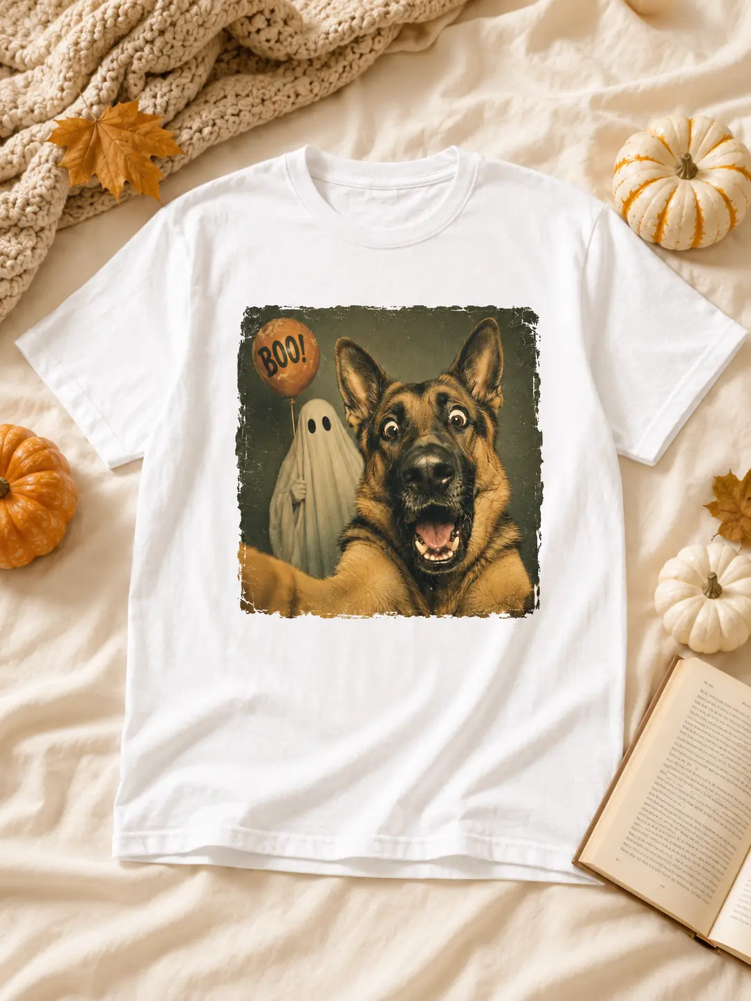 German Shepherd Halloween Shirt | Ghost Selfie Dog Tee | Vintage Spooky Artwork | Comfort Colors 1717 Unisex Top - photo 5