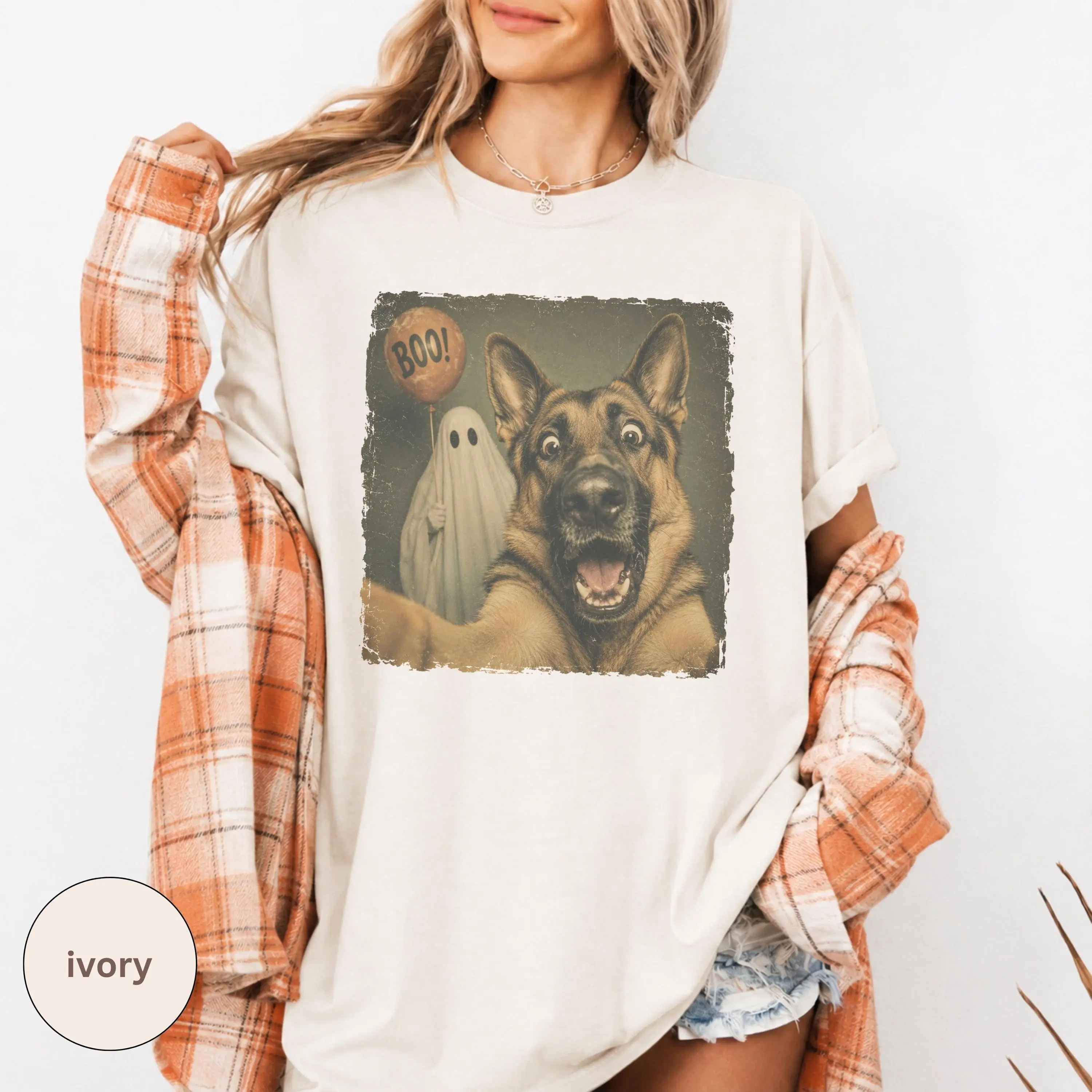German Shepherd Halloween Shirt, Ghost Selfie Tee, Vintage Spooky Comfort Colors Unisex Graphic Fall Top for Dog Mom - photo 2