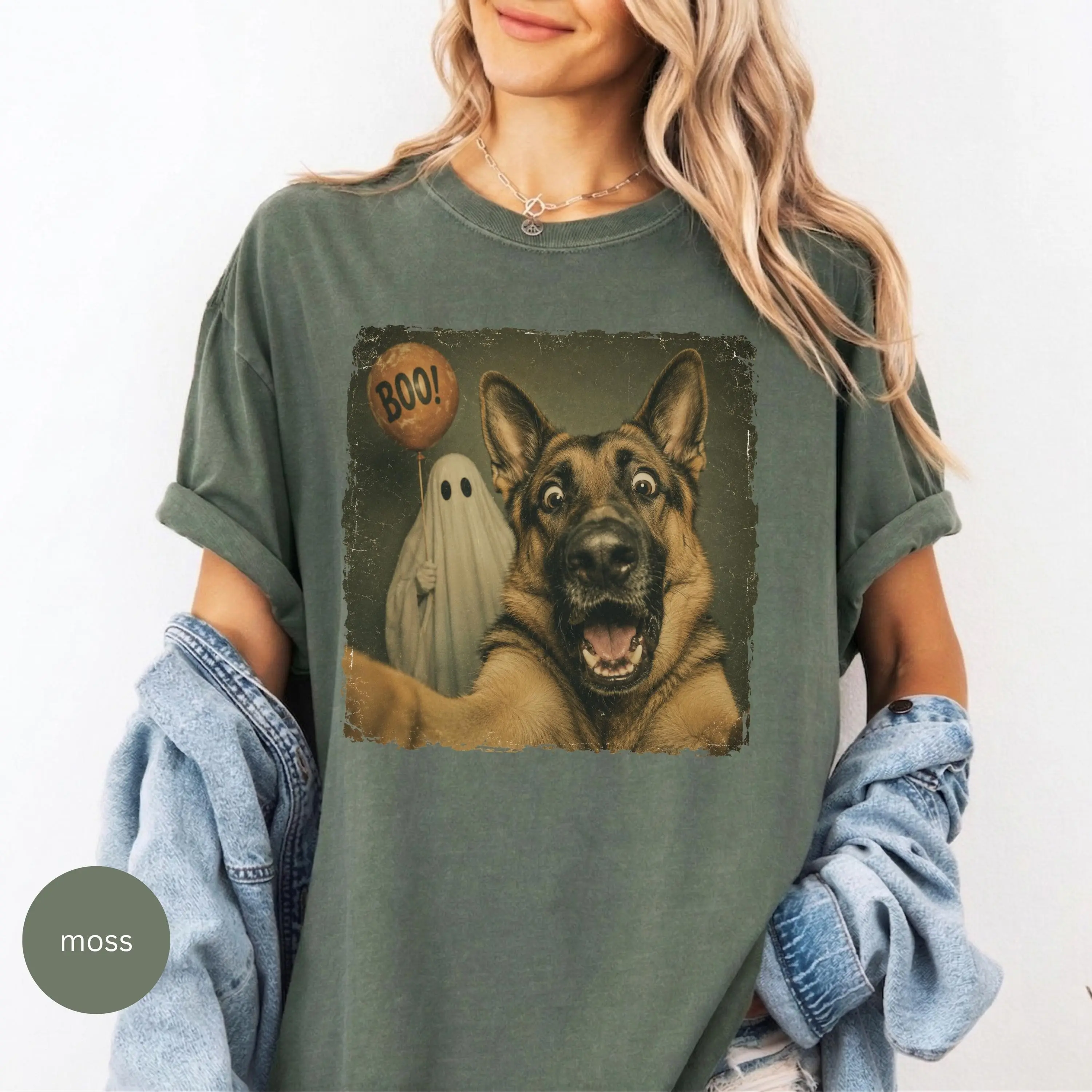 German Shepherd Halloween Shirt, Ghost Selfie Tee, Vintage Spooky Comfort Colors Unisex Graphic Fall Top for Dog Mom - photo 3
