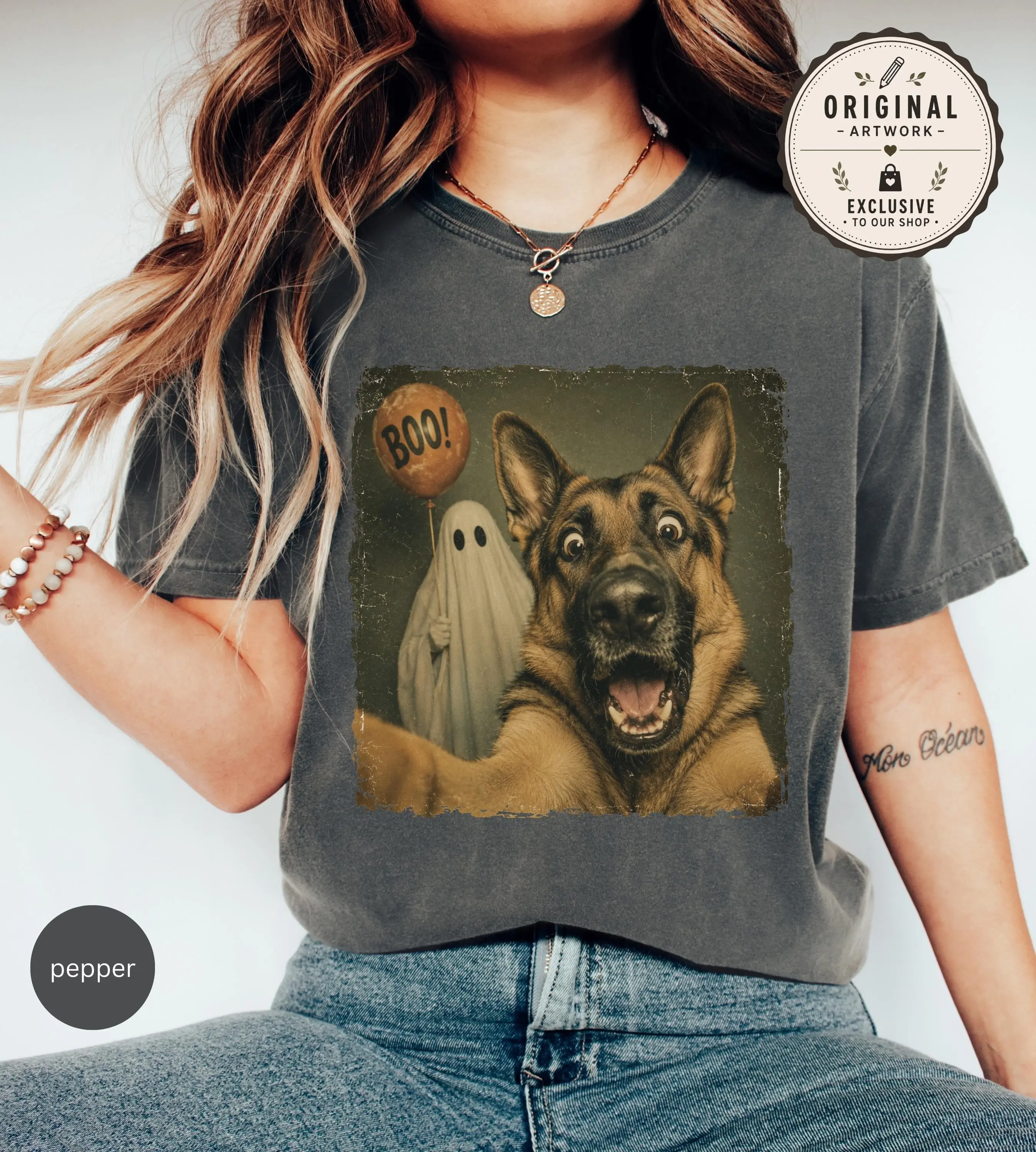 German Shepherd Halloween Shirt, Ghost Selfie Tee, Vintage Spooky Comfort Colors Unisex Graphic Fall Top for Dog Mom - photo 4