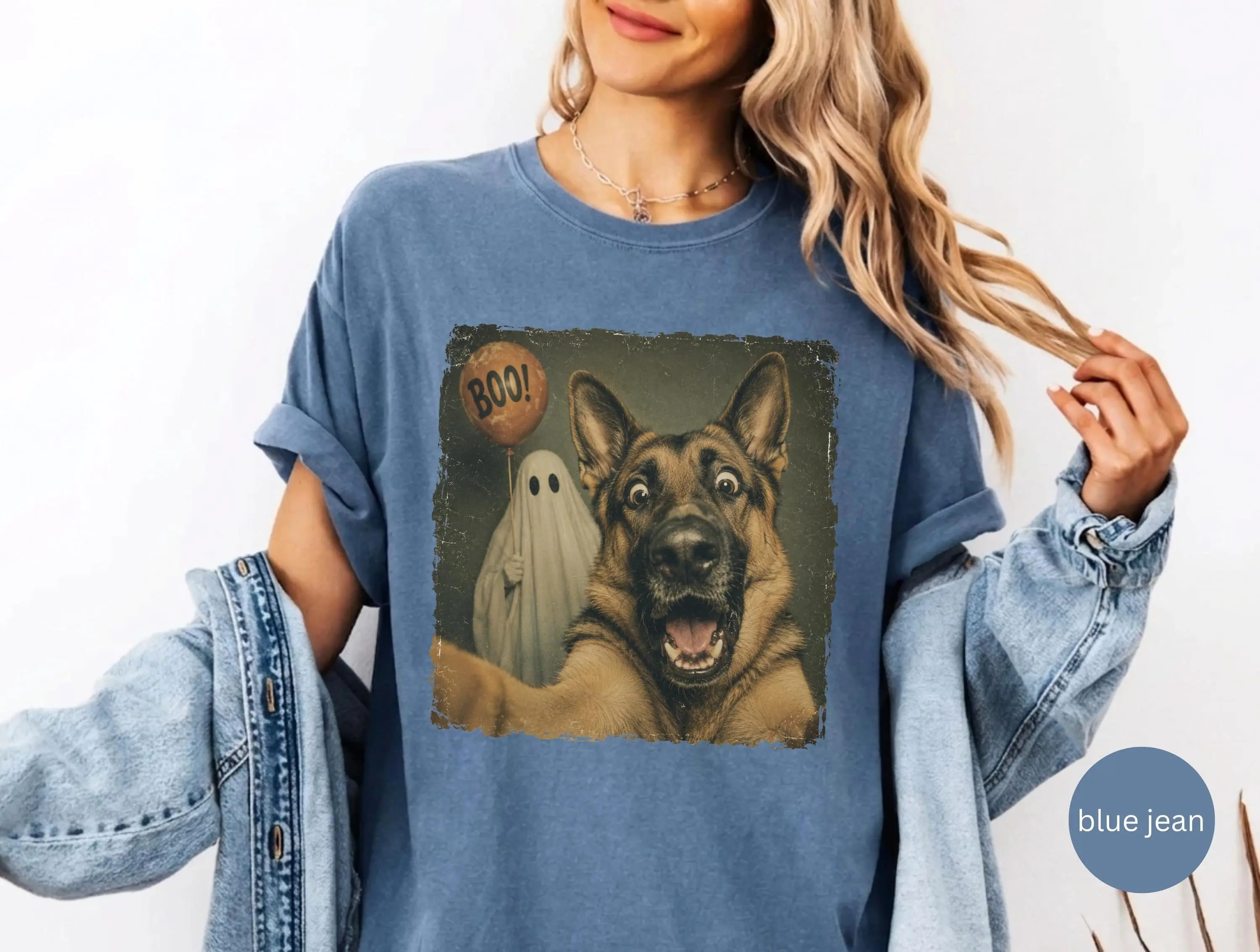 German Shepherd Halloween Shirt, Ghost Selfie Tee, Vintage Spooky Comfort Colors Unisex Graphic Fall Top for Dog Mom - photo 5