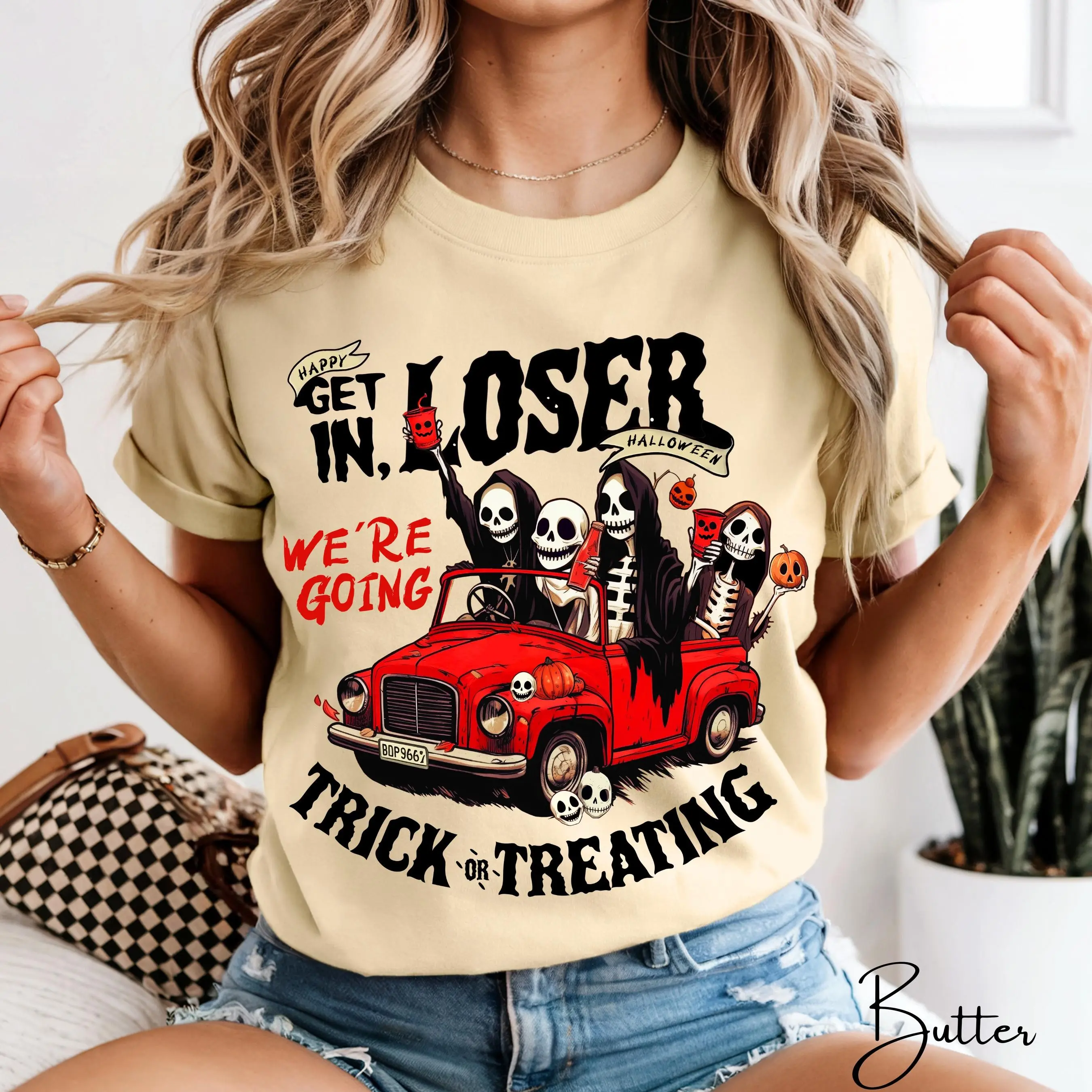 Comfort Colors 1717 Get In Loser We're Going Trick Or Treating Shirt, Funny Skeleton Halloween Womens Tee