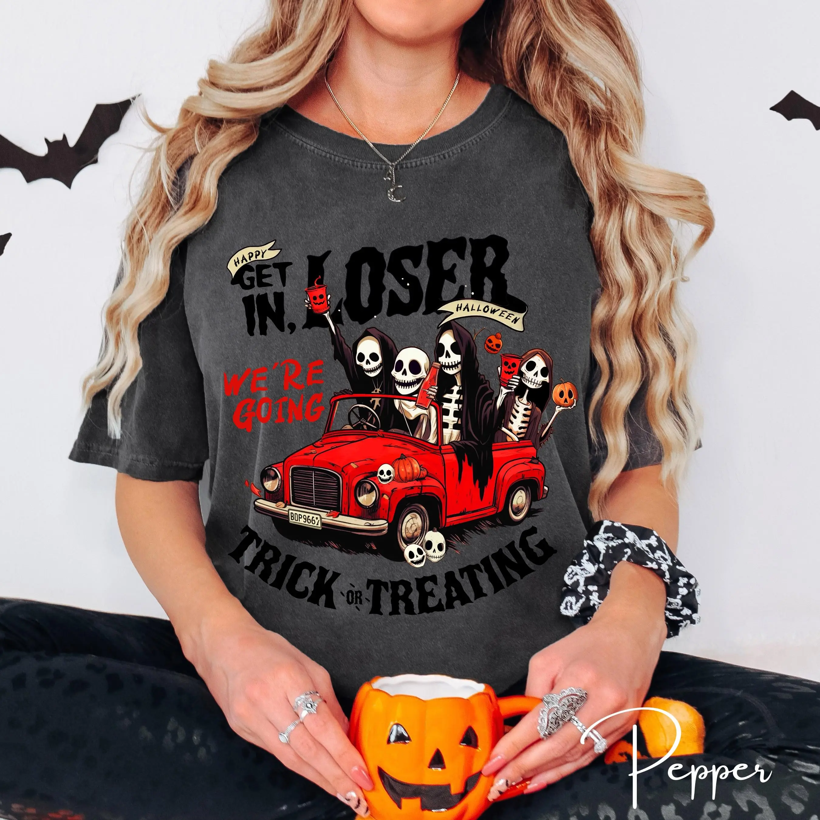 Comfort Colors 1717 Get In Loser We're Going Trick Or Treating Shirt, Funny Skeleton Halloween Womens Tee - photo 4