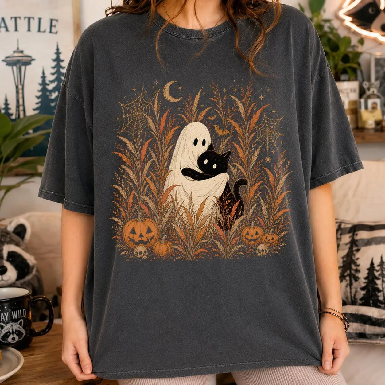Ghost And Black Cat Autumn Field Shirt, Cottagecore Halloween Pumpkin Skull Tee, Cute Vintage Spooky Comfort Colors Gift