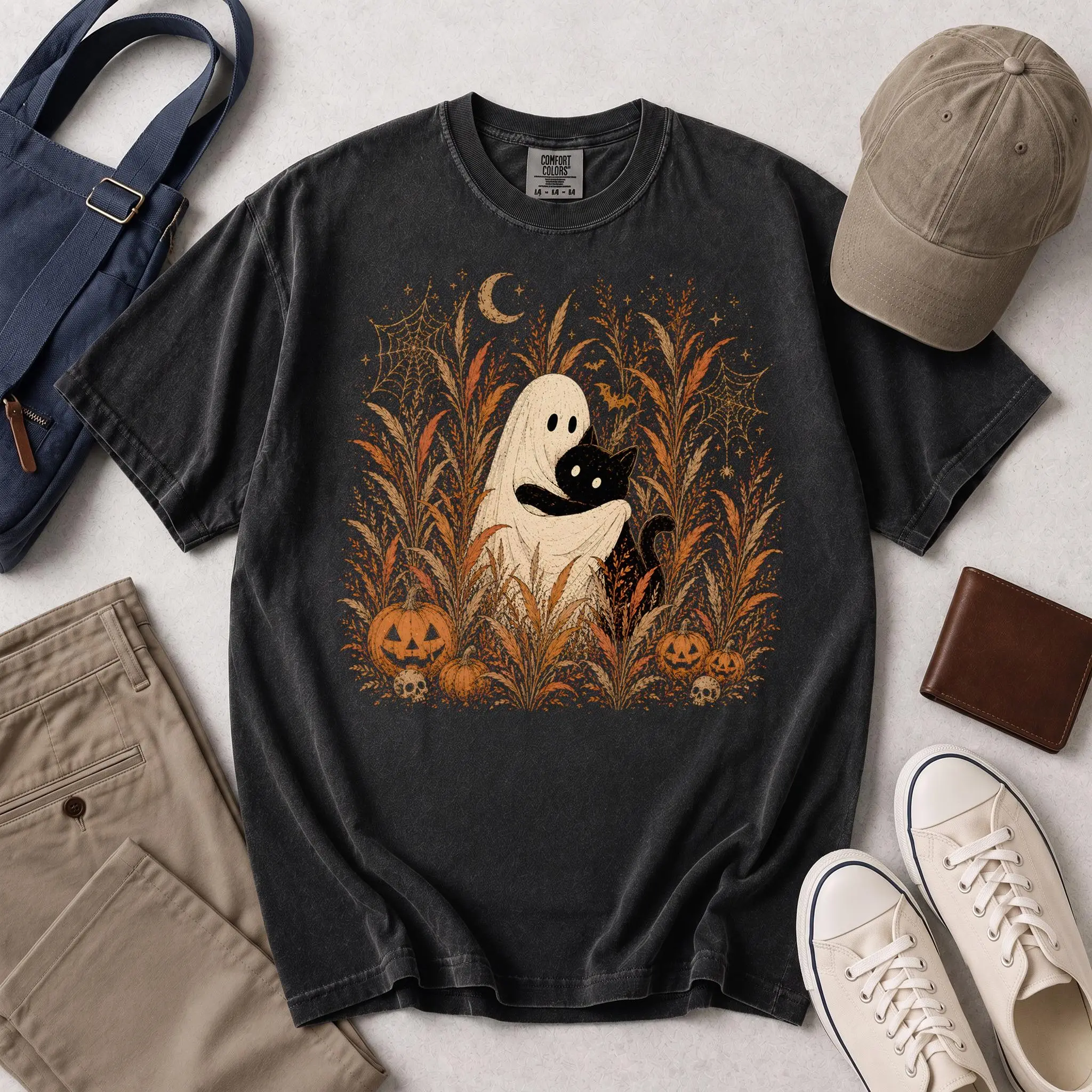 Ghost And Black Cat Autumn Field Shirt, Cottagecore Halloween Pumpkin Skull Tee, Cute Vintage Spooky Comfort Colors Gift - photo 2