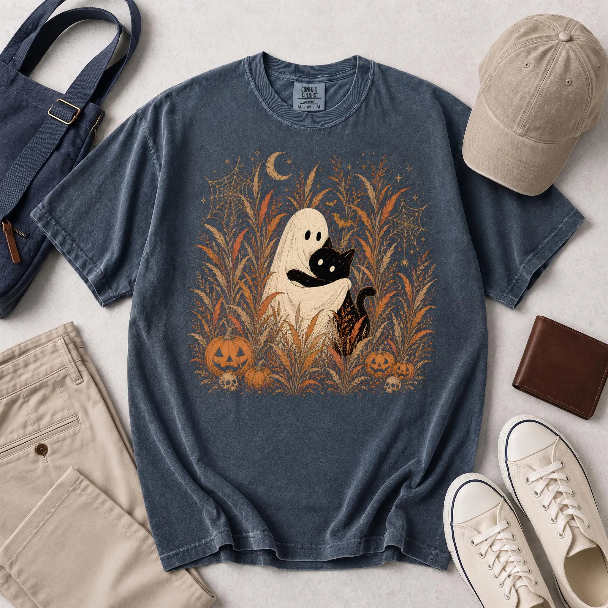 Ghost And Black Cat Autumn Field Shirt, Cottagecore Halloween Pumpkin Skull Tee, Cute Vintage Spooky Comfort Colors Gift - photo 3