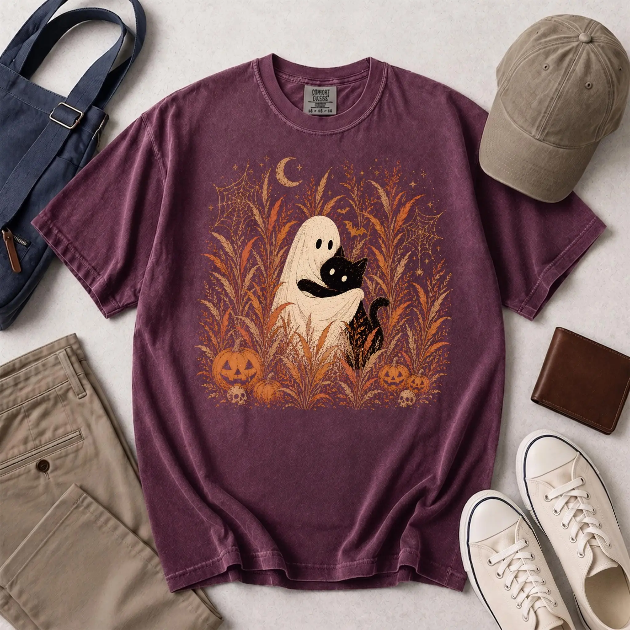 Ghost And Black Cat Autumn Field Shirt, Cottagecore Halloween Pumpkin Skull Tee, Cute Vintage Spooky Comfort Colors Gift - photo 4