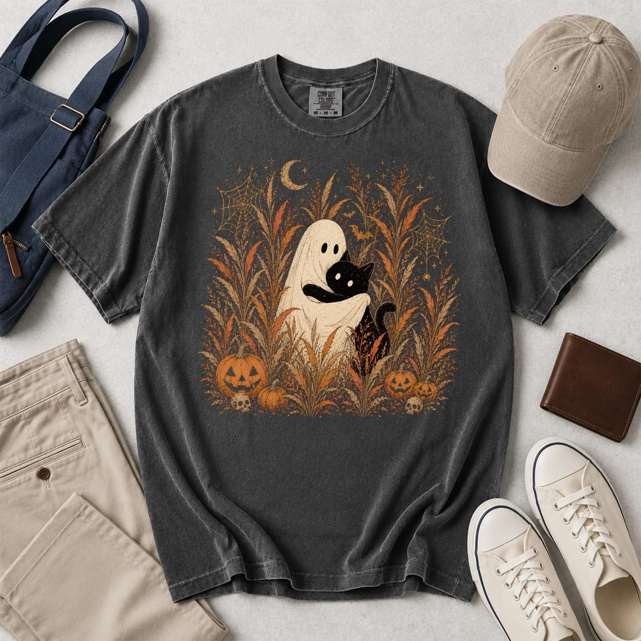 Ghost And Black Cat Autumn Field Shirt, Cottagecore Halloween Pumpkin Skull Tee, Cute Vintage Spooky Comfort Colors Gift - photo 5