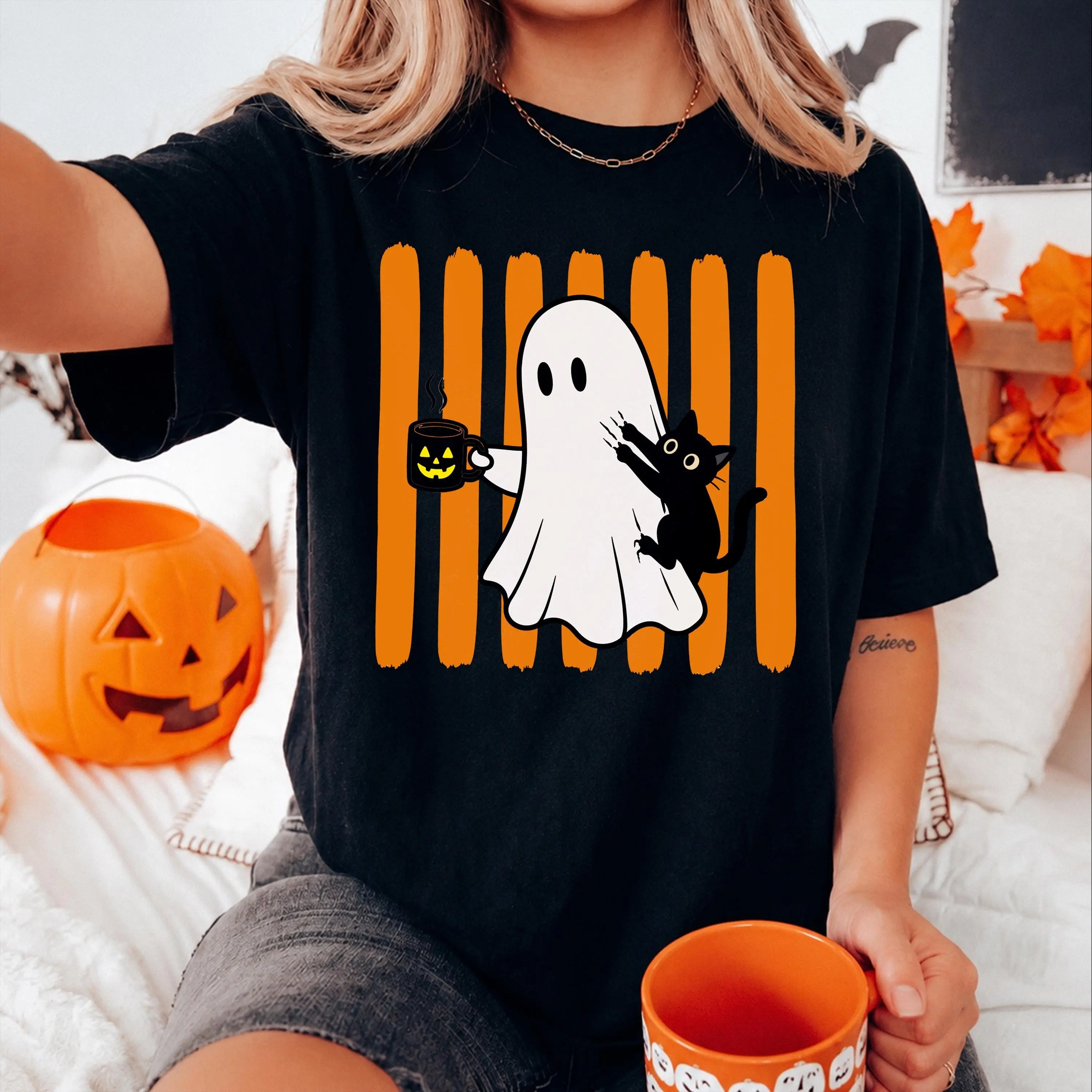 Ghost and Black Cat Halloween Shirt, Womens Trendy Autumn Tee, Funny Striped Spooky Season Coffee Lover Cute Fall Outfit