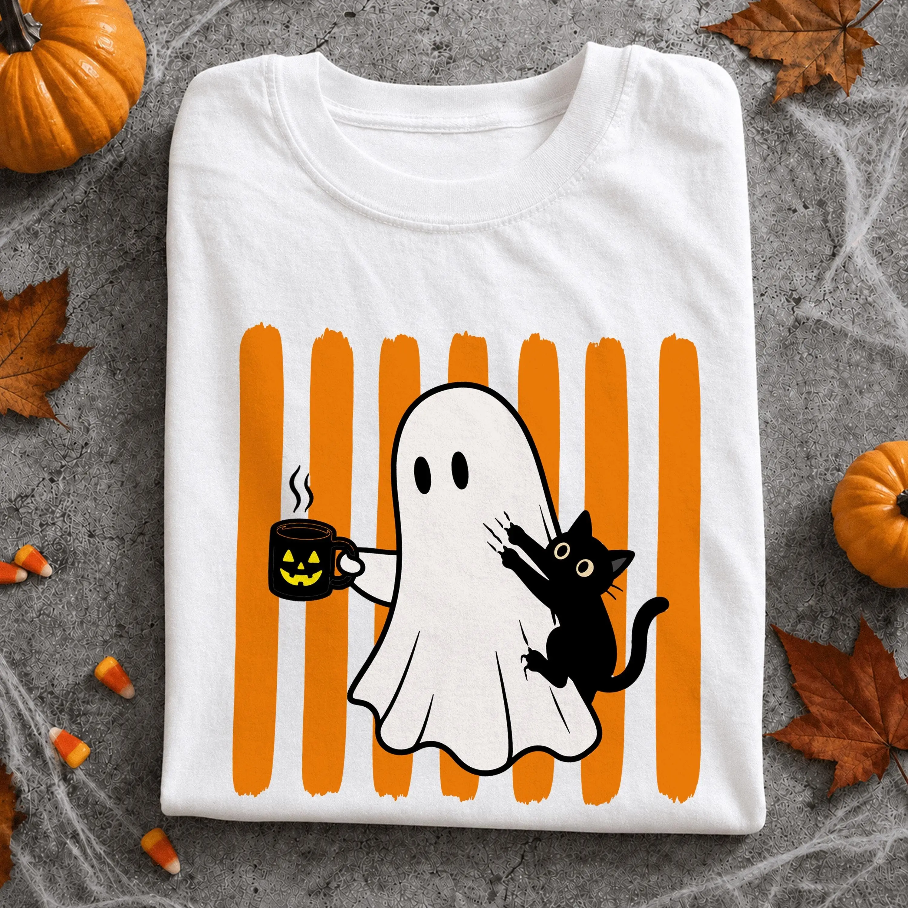 Ghost and Black Cat Halloween Shirt, Womens Trendy Autumn Tee, Funny Striped Spooky Season Coffee Lover Cute Fall Outfit - photo 2