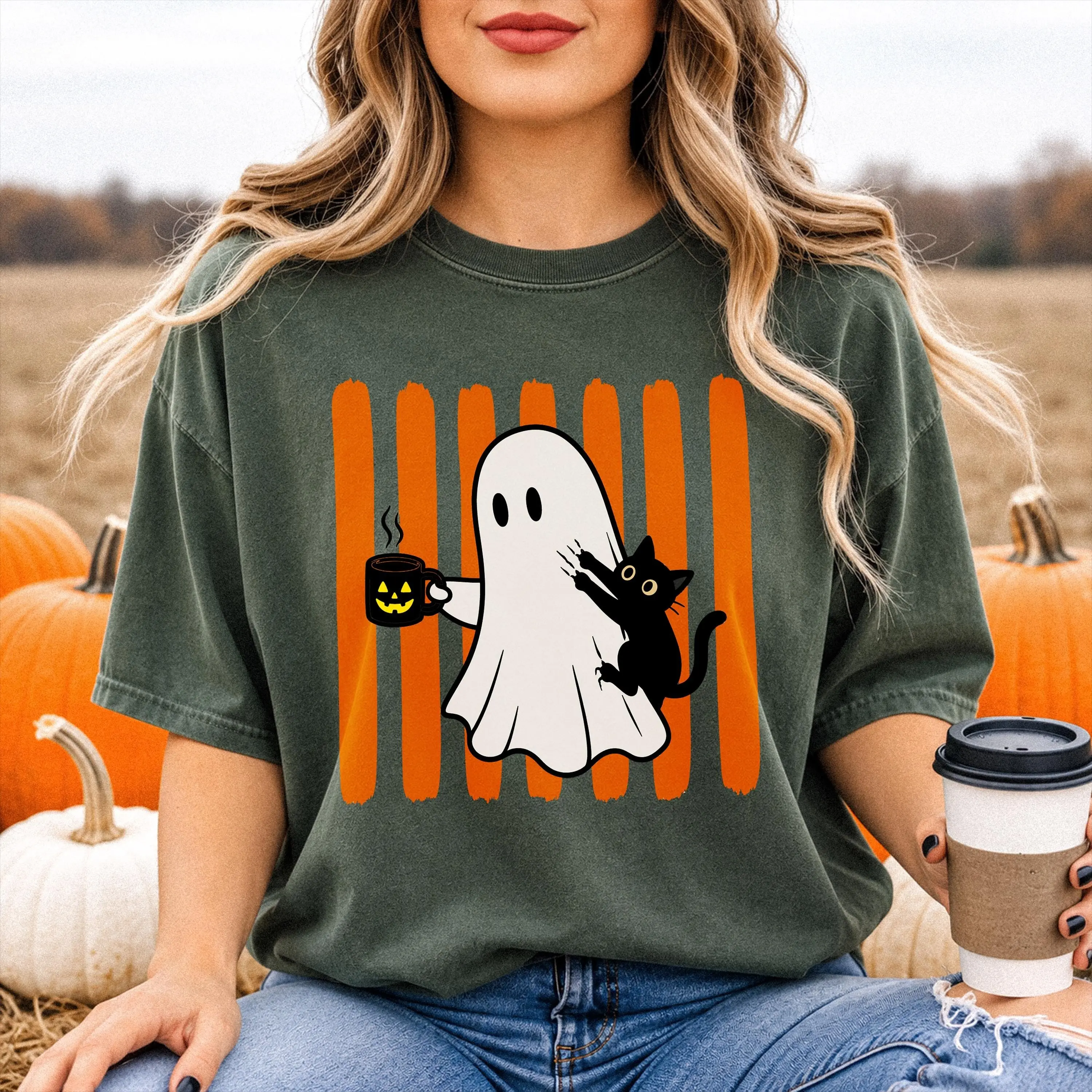 Ghost and Black Cat Halloween Shirt, Womens Trendy Autumn Tee, Funny Striped Spooky Season Coffee Lover Cute Fall Outfit - photo 3