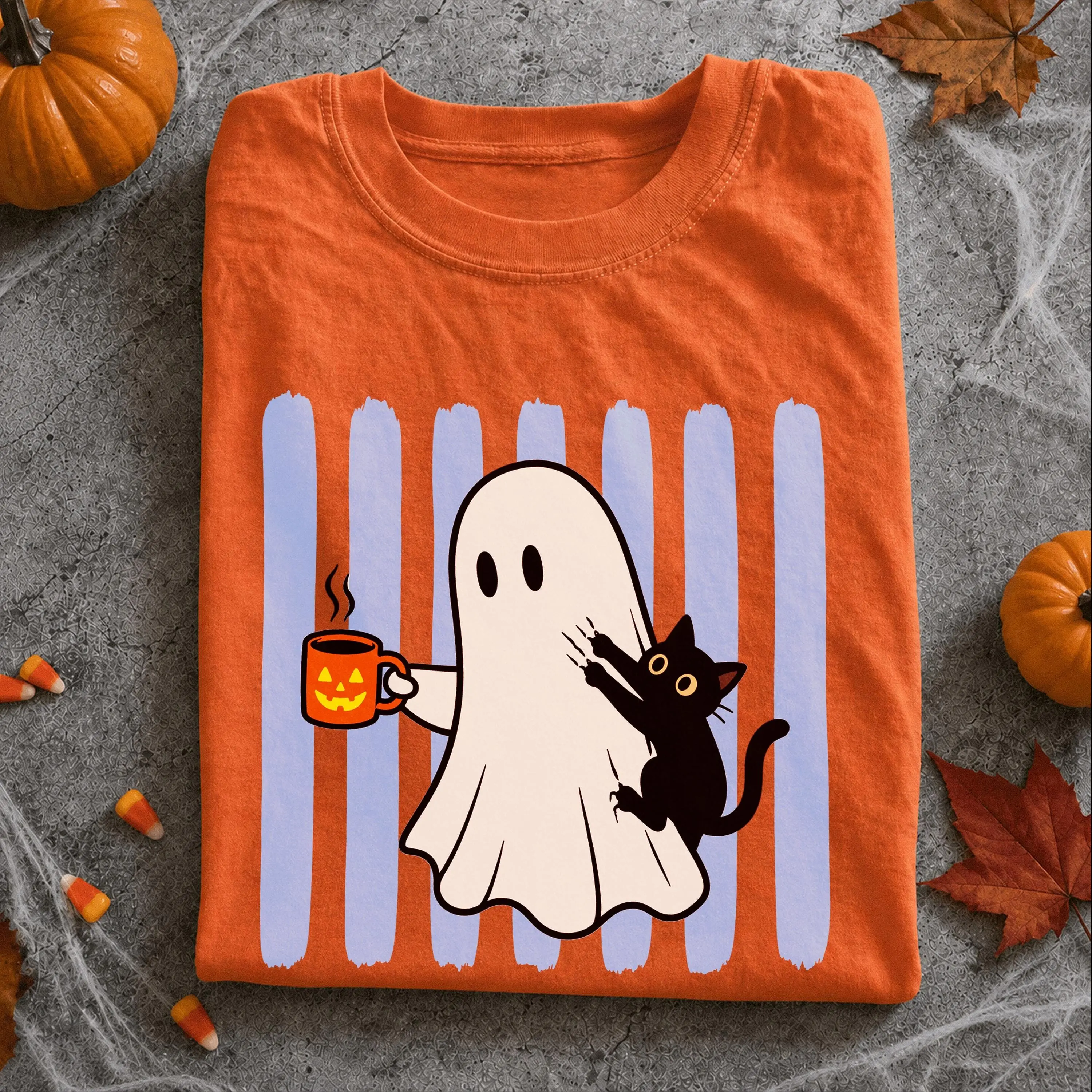 Ghost and Black Cat Halloween Shirt, Womens Trendy Autumn Tee, Funny Striped Spooky Season Coffee Lover Cute Fall Outfit - photo 4